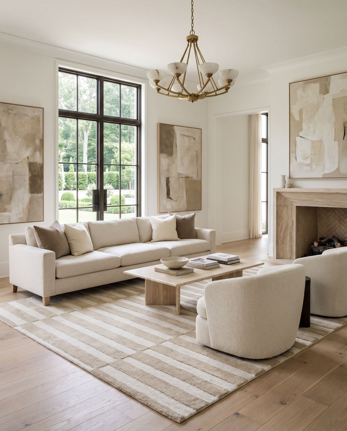 Yahyali Hand Tufted Rug styled in an elegant designer living room — hand tufted modern area rug in beige, ivory and sand tones