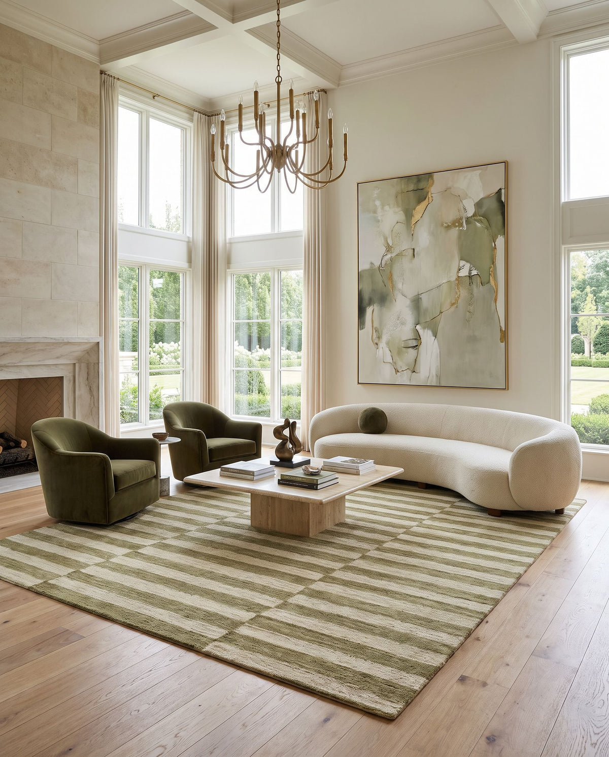 Yozgat Hand Tufted Rug as the centerpiece of a bright luxury living room — a hand tufted modern area rug in sage, olive and cream tones