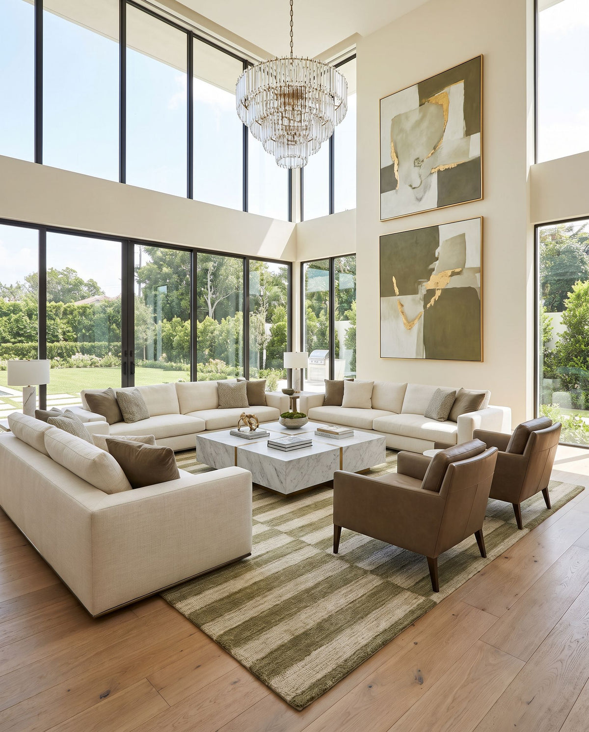 Yozgat Hand Tufted Rug styled in an elegant designer living room — hand tufted modern area rug in sage, olive and cream tones