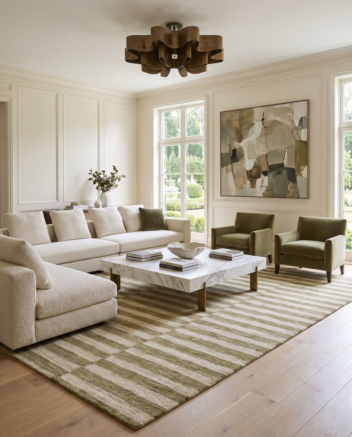 Yozgat Hand Tufted Rug styled in an elegant designer living room — hand tufted modern area rug in sage, olive and cream tones