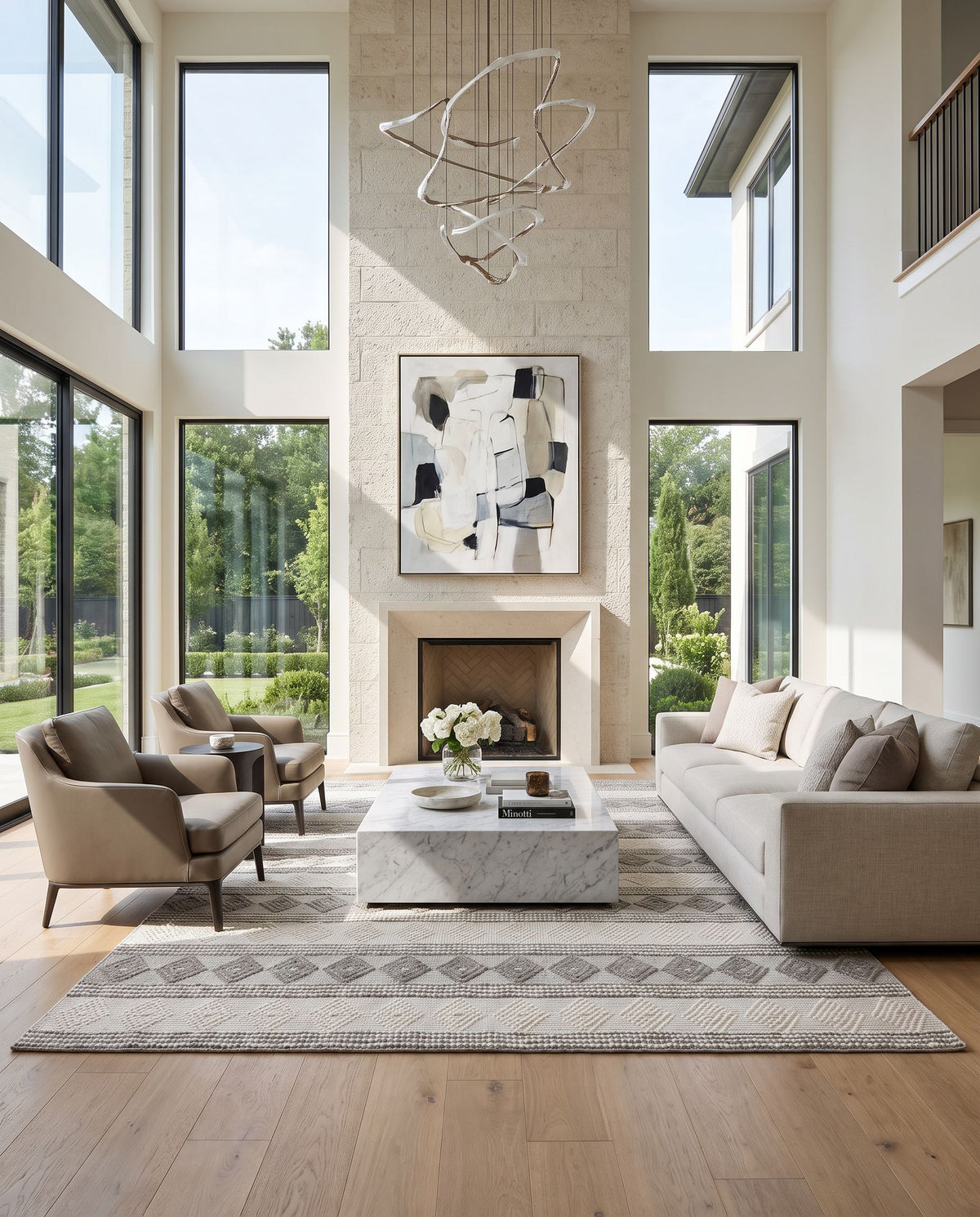 Zoagli Hand Woven Rug styled in an elegant designer living room — hand woven cottage area rug in charcoal and white tones