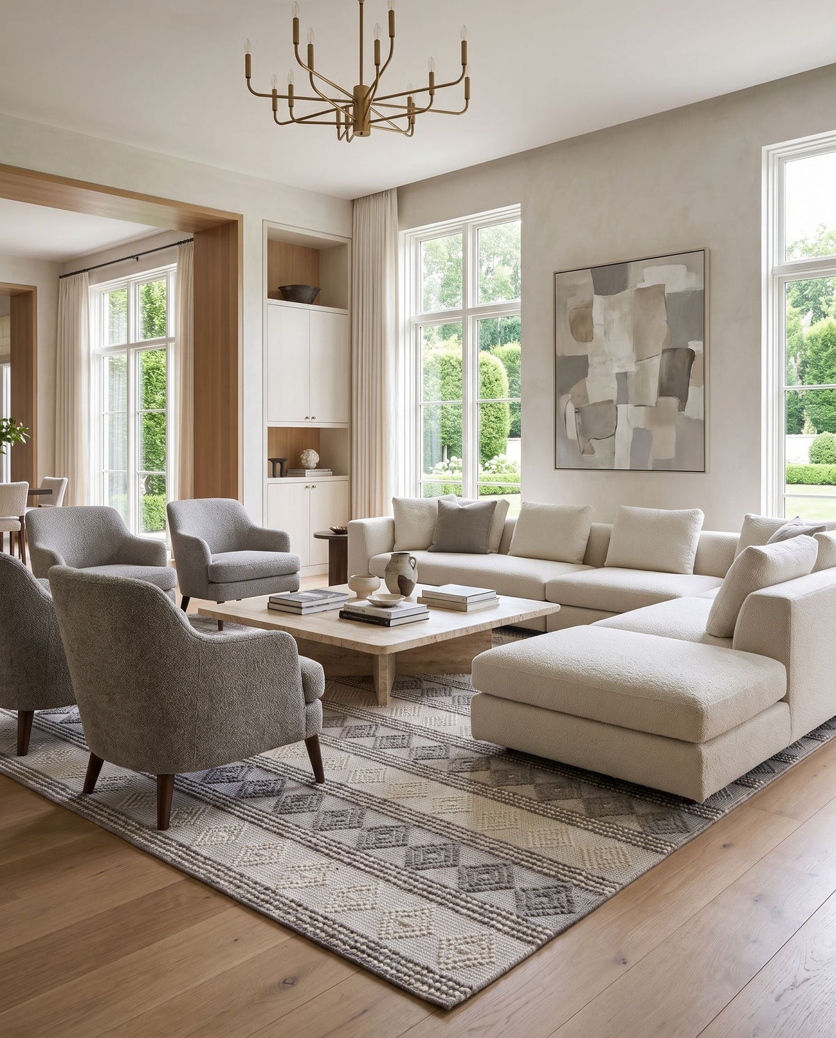 Zoagli Hand Woven Rug styled in an elegant designer living room — hand woven cottage area rug in charcoal and white tones