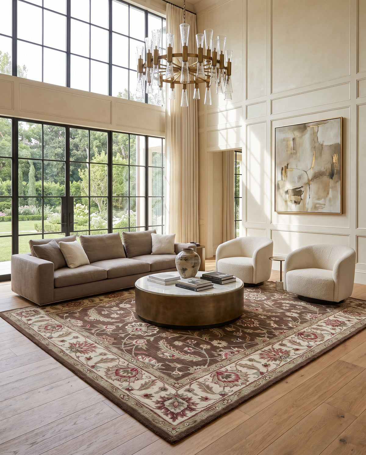 Zenith Hand Tufted Rug as the centerpiece of a bright luxury living room — a hand tufted traditional area rug in dark brown, pale pink, mauve and black tones