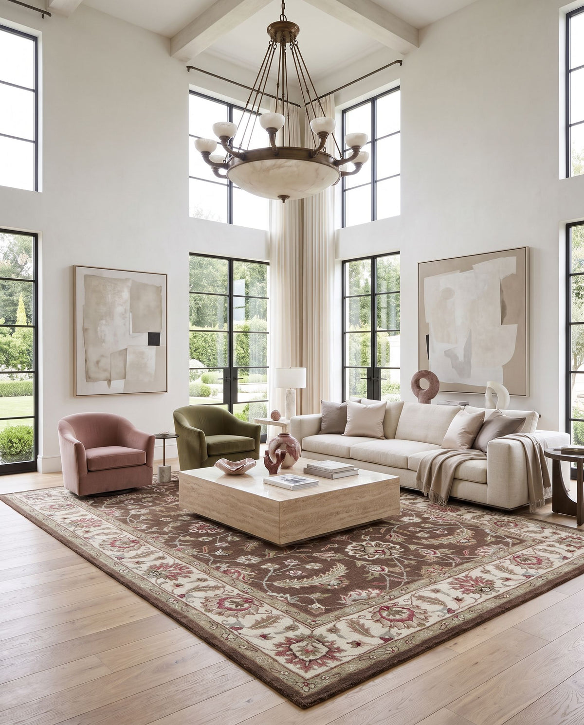 Zenith Hand Tufted Rug styled in an elegant designer living room — hand tufted traditional area rug in dark brown, pale pink, mauve and black tones