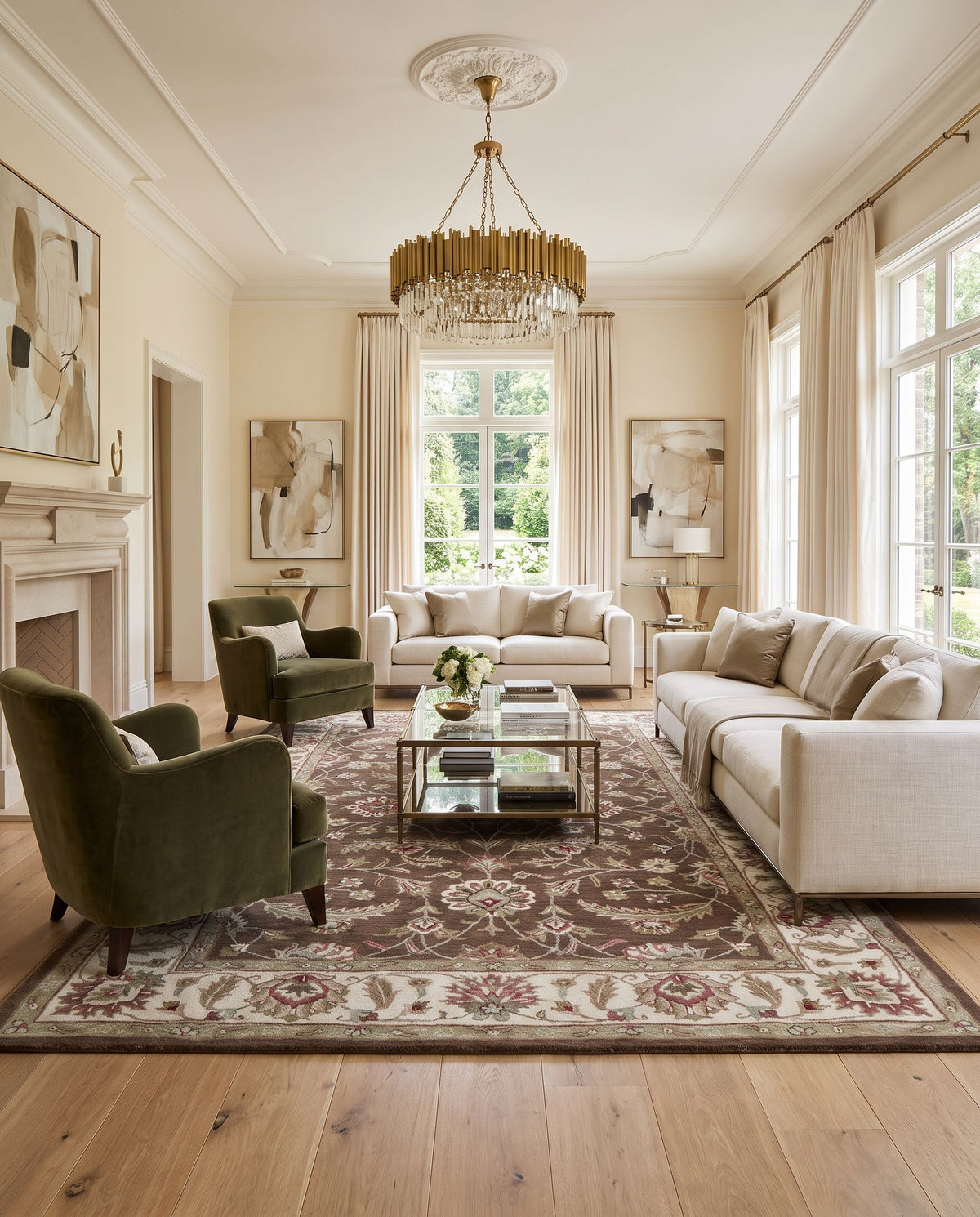 Zenith Hand Tufted Rug styled in an elegant designer living room — hand tufted traditional area rug in dark brown, pale pink, mauve and black tones