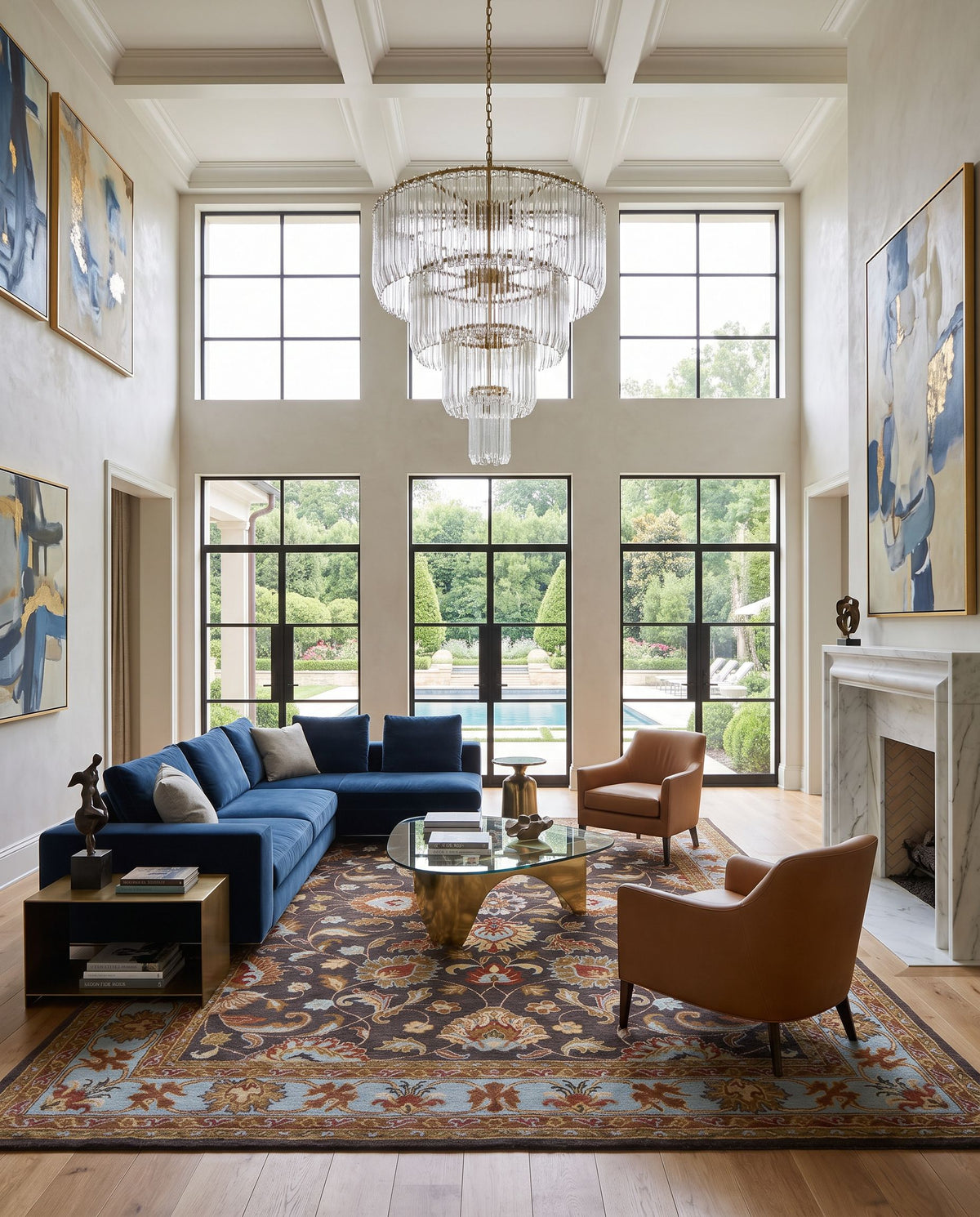 Zinnia Hand Tufted Rug styled in an elegant designer living room — hand tufted traditional area rug in charcoal, slate, burnt orange and tan tones