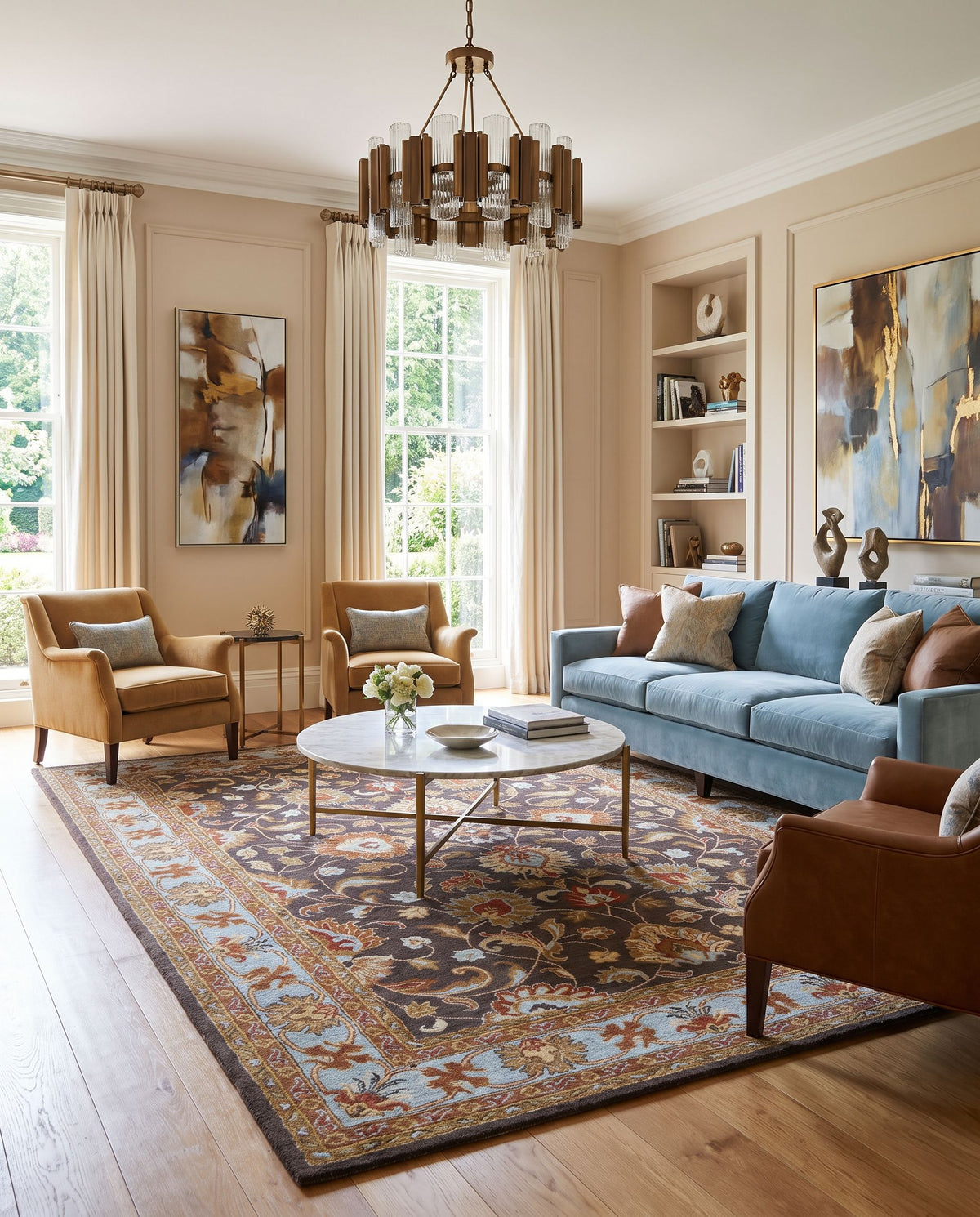 Zinnia Hand Tufted Rug styled in an elegant designer living room — hand tufted traditional area rug in charcoal, slate, burnt orange and tan tones
