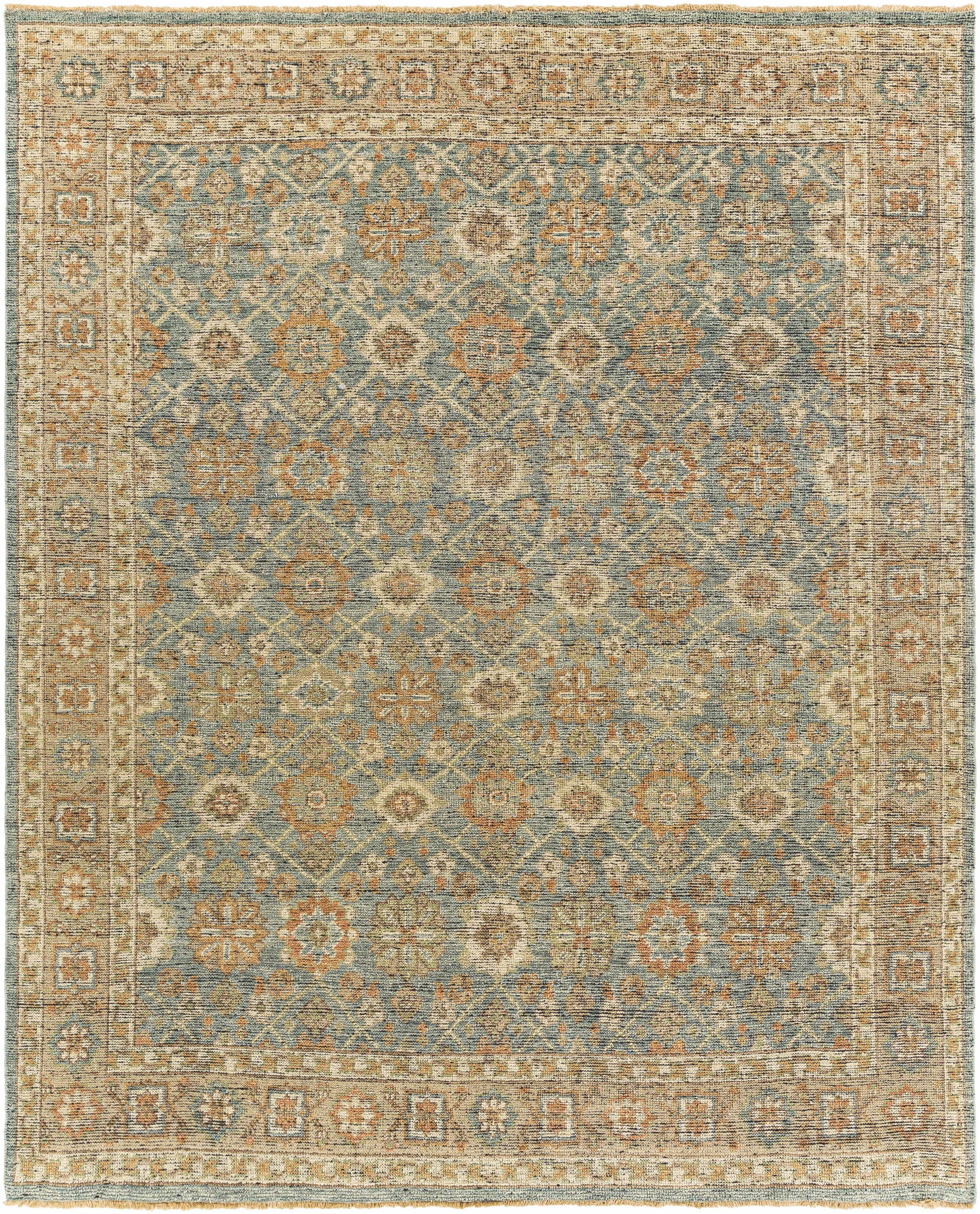 Sage Hand Knotted 100% NZ Wool Traditional Rectangle Handmade rug, Indoor use only, has fringe, non-washable.