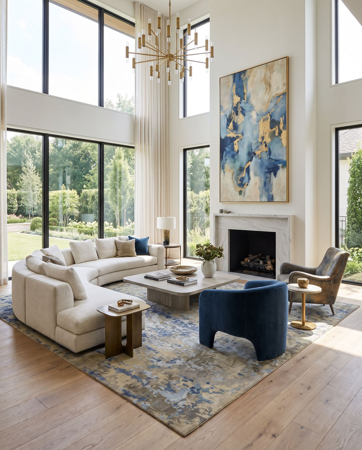 Arte RTE-2302 Hand Knotted Rug as the centerpiece of a bright luxury living room — a hand knotted contemporary area rug in navy, denim, sage and tan tones