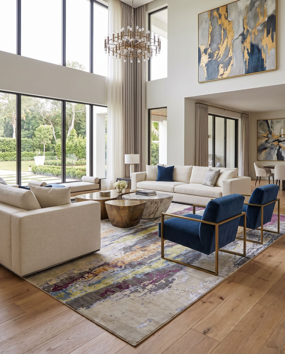 Arte RTE-2308 Hand Knotted Rug as the centerpiece of a bright luxury living room — a hand knotted modern area rug in charcoal, blue, light olive and peach tones