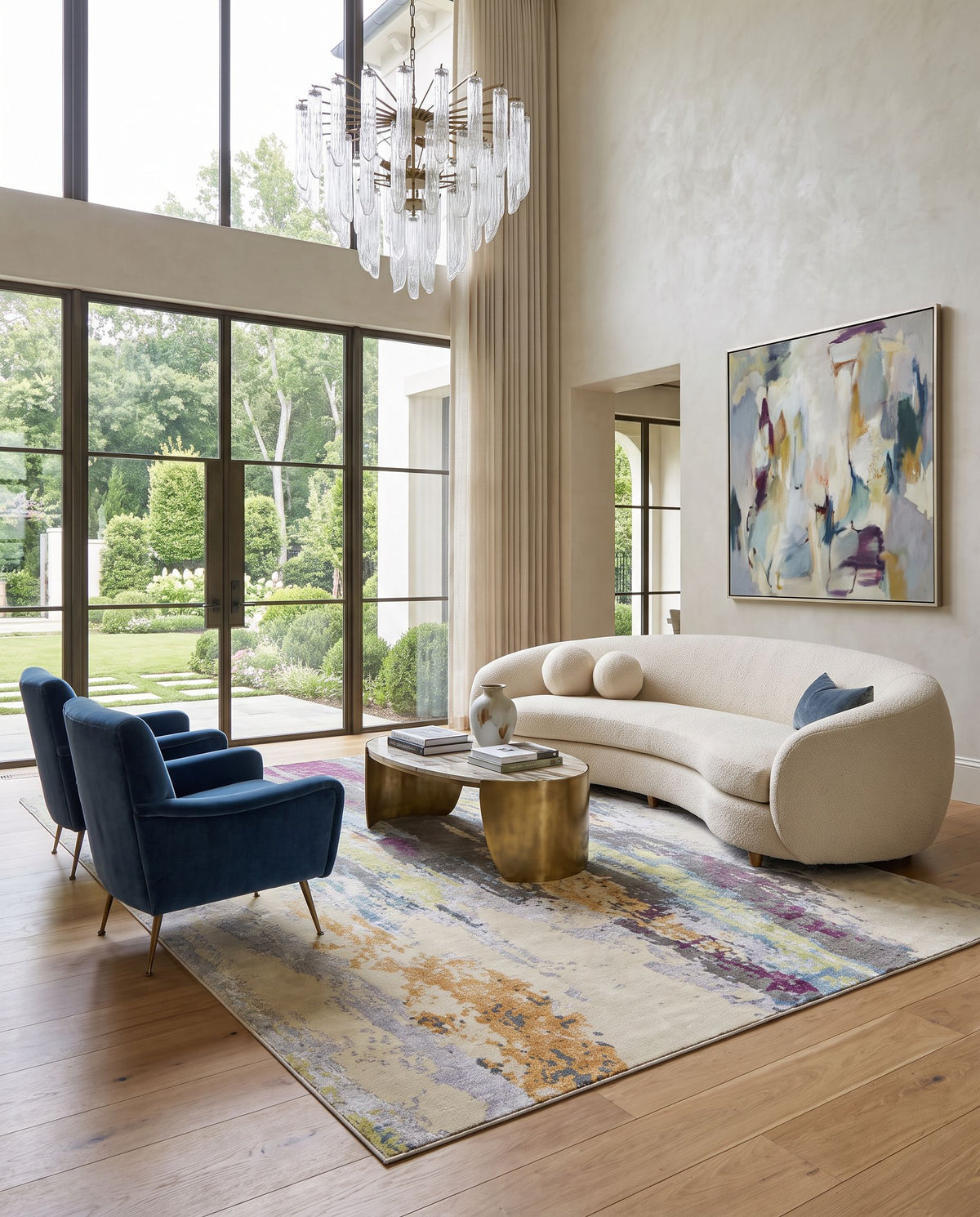 Arte RTE-2308 Hand Knotted Rug styled in an elegant designer living room — hand knotted modern area rug in charcoal, blue, light olive and peach tones