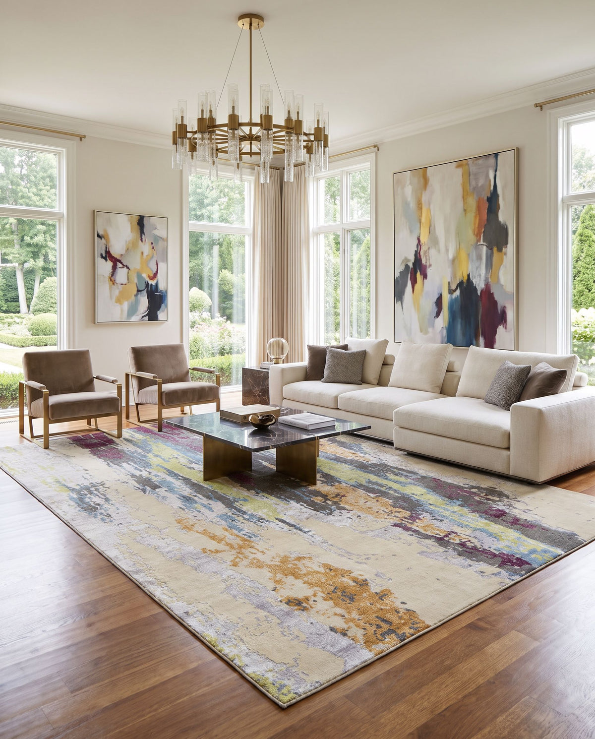 Arte RTE-2308 Hand Knotted Rug styled in an elegant designer living room — hand knotted modern area rug in charcoal, blue, light olive and peach tones