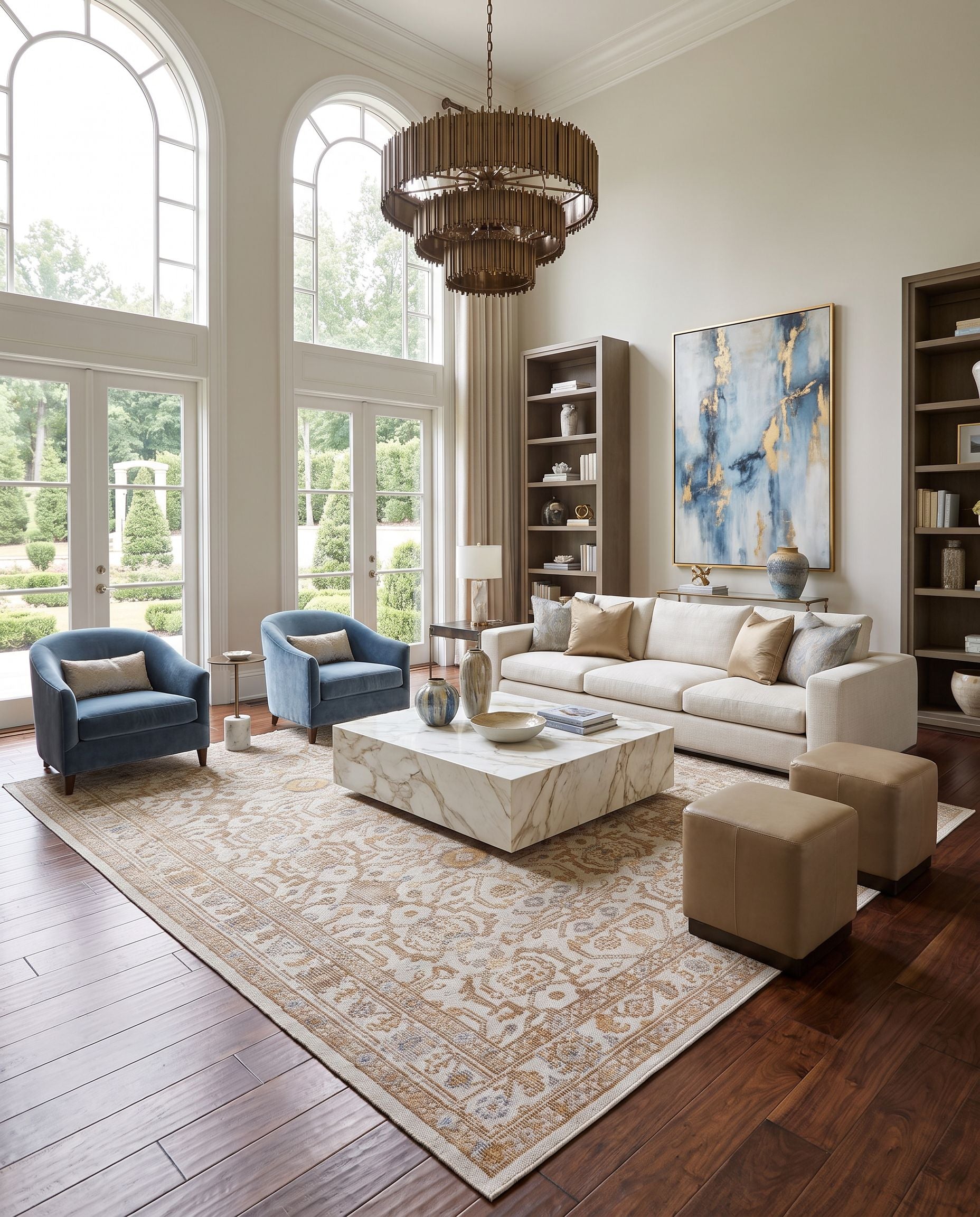 Revere RVE-2308 Hand Knotted Rug as the centerpiece of a bright luxury living room — a hand knotted traditional area rug in charcoal, medium gray, light gray and olive tones