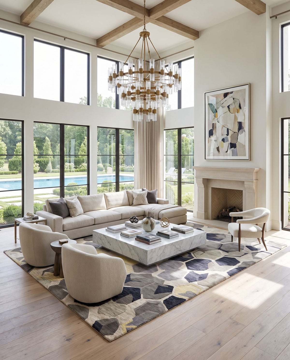Rivera RVR-1008 Hand Tufted Rug as the centerpiece of a bright luxury living room — a hand tufted modern area rug in light beige, wheat, olive and brown tones