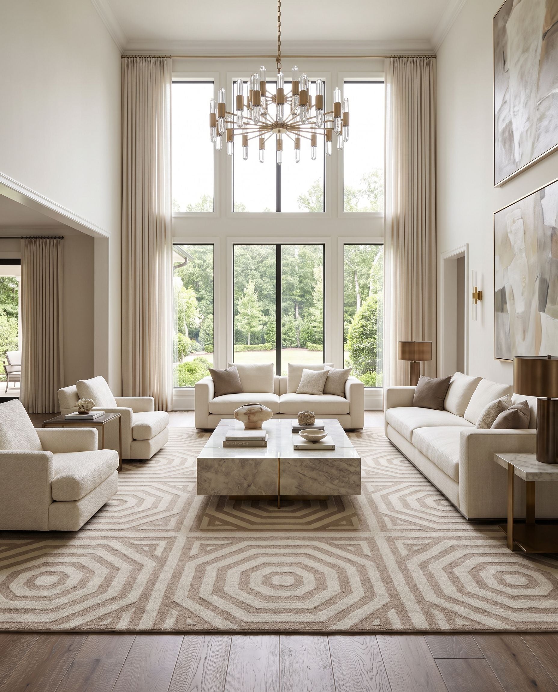 Rivington RVT-5011 Hand Woven Rug as the centerpiece of a bright luxury living room — a hand woven modern area rug in taupe and ivory tones