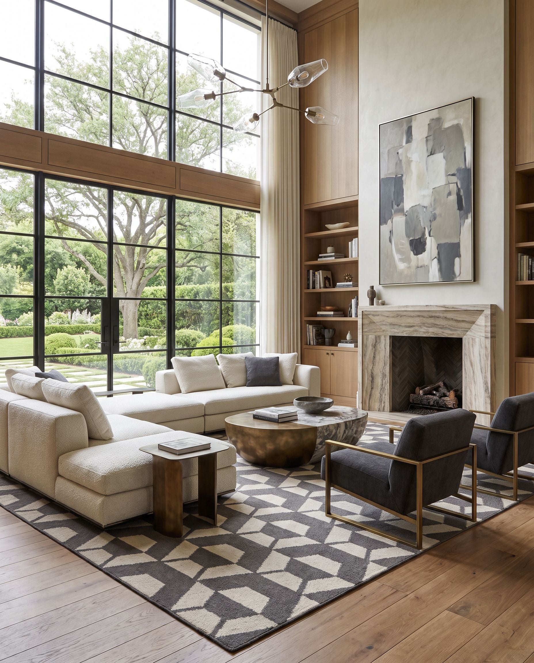 Rivington RVT-5014 Hand Woven Rug as the centerpiece of a bright luxury living room — a hand woven modern area rug in charcoal and ivory tones