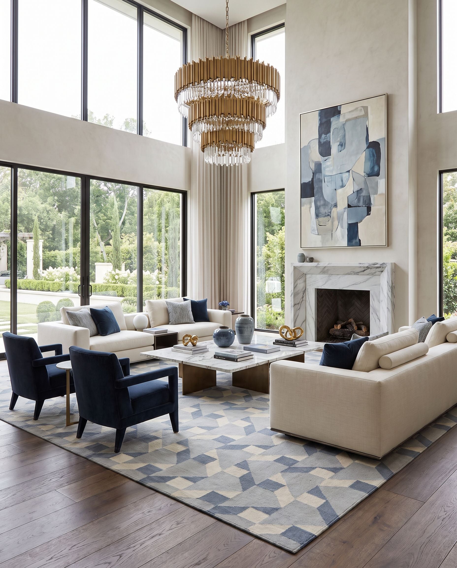 Rivington RVT-5015 Hand Woven Rug as the centerpiece of a bright luxury living room — a hand woven modern area rug in slate, denim and ivory tones