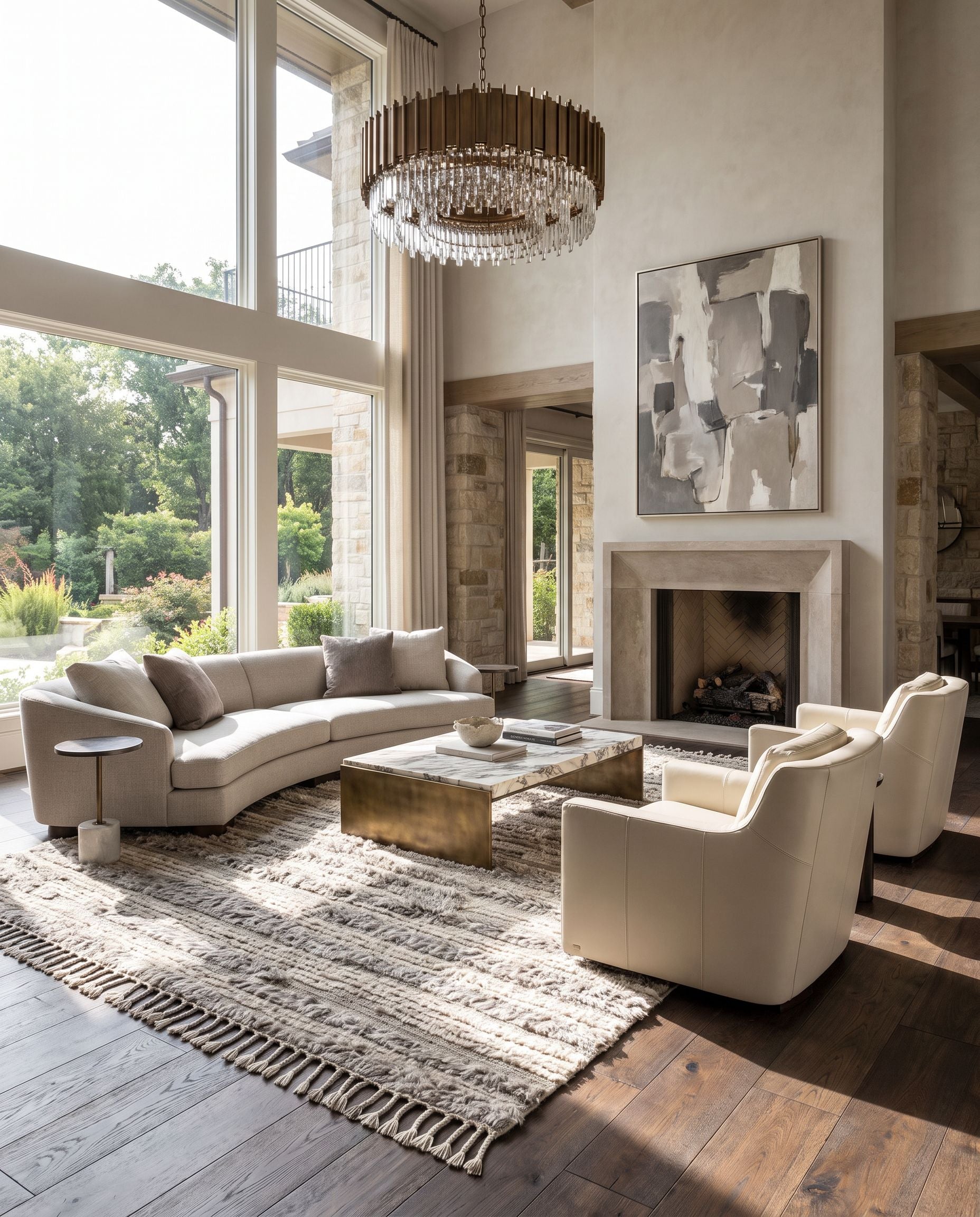 Sahara SAH-2305 Hand Knotted Rug as the centerpiece of a bright luxury living room — a hand knotted global area rug in gray, light beige and charcoal tones
