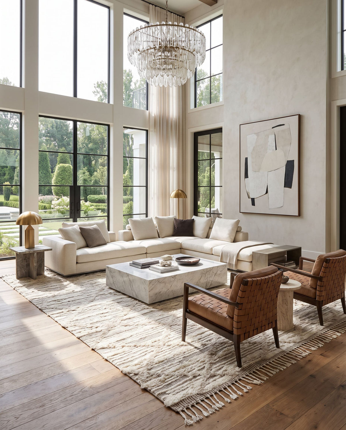 Sahara SAH-2307 Hand Knotted Rug as the centerpiece of a bright luxury living room — a hand knotted global area rug in light beige, oatmeal and dark brown tones