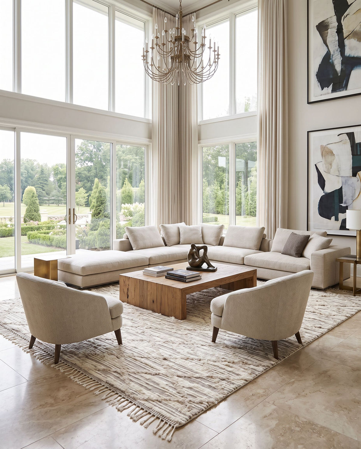 Sahara SAH-2307 Hand Knotted Rug styled in an elegant designer living room — hand knotted global area rug in light beige, oatmeal and dark brown tones