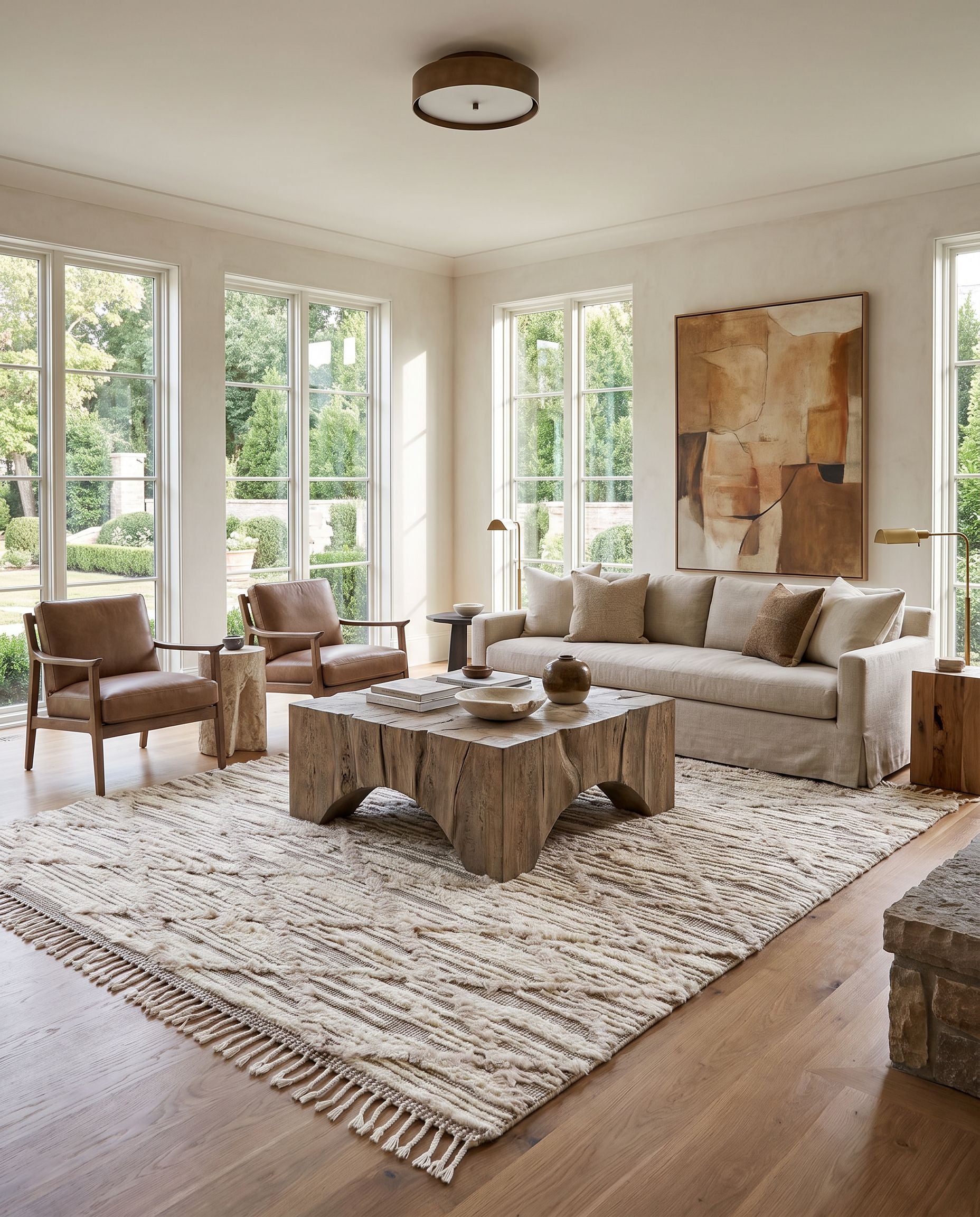 Sahara SAH-2307 Hand Knotted Rug styled in an elegant designer living room — hand knotted global area rug in light beige, oatmeal and dark brown tones