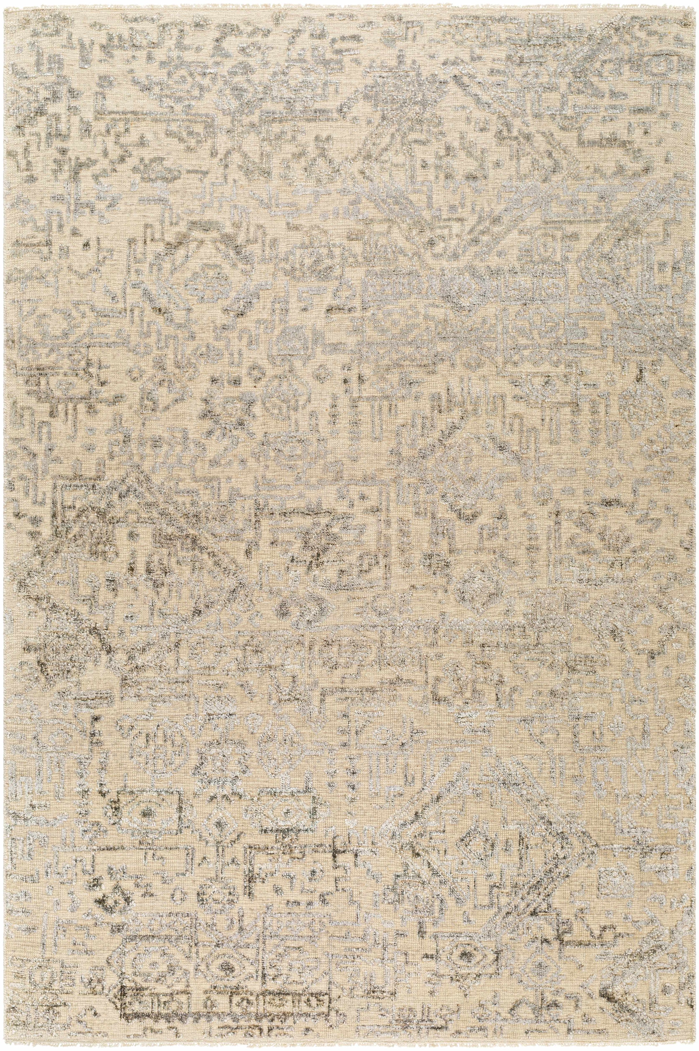 Beige Hand Knotted 65% Wool, 35% Viscose Global Rectangle Handmade rug, Indoor use only, has fringe, non-washable.