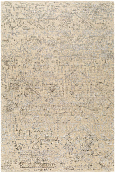 Beige Hand Knotted 65% Wool, 35% Viscose Global Rectangle Handmade rug, Indoor use only, has fringe, non-washable.