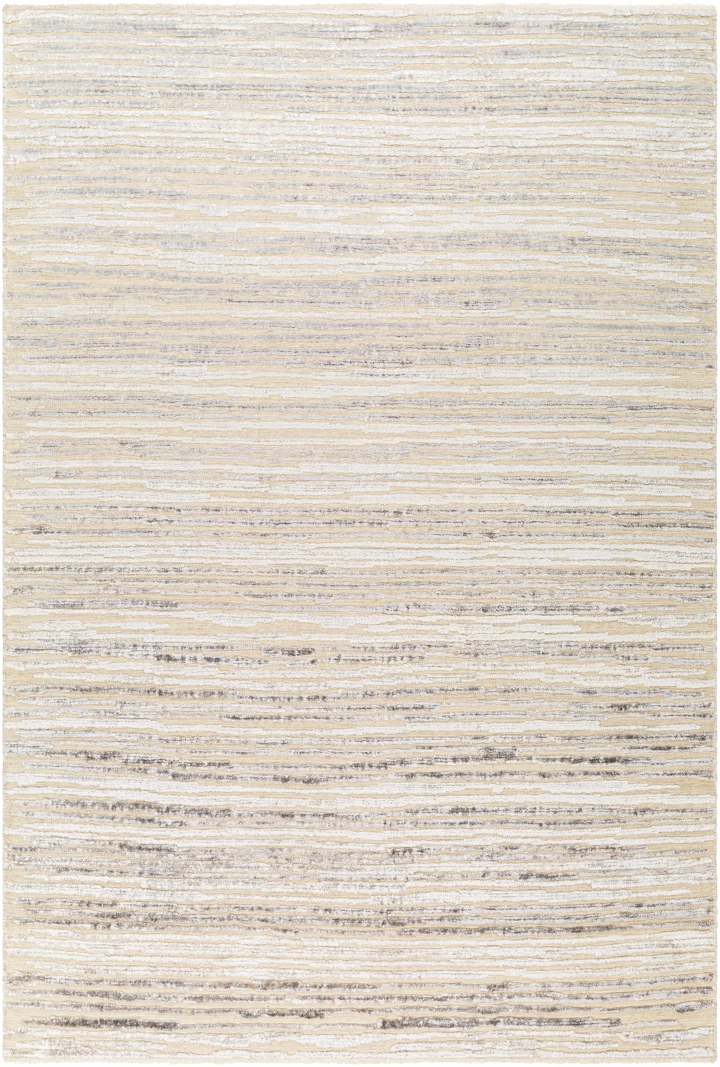 Beige Hand Knotted 65% Wool, 35% Viscose Global Rectangle Handmade rug, Indoor use only, has fringe, non-washable.