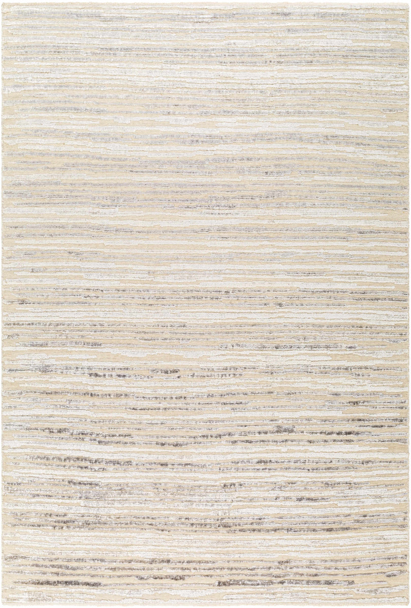 Beige Hand Knotted 65% Wool, 35% Viscose Global Rectangle Handmade rug, Indoor use only, has fringe, non-washable.