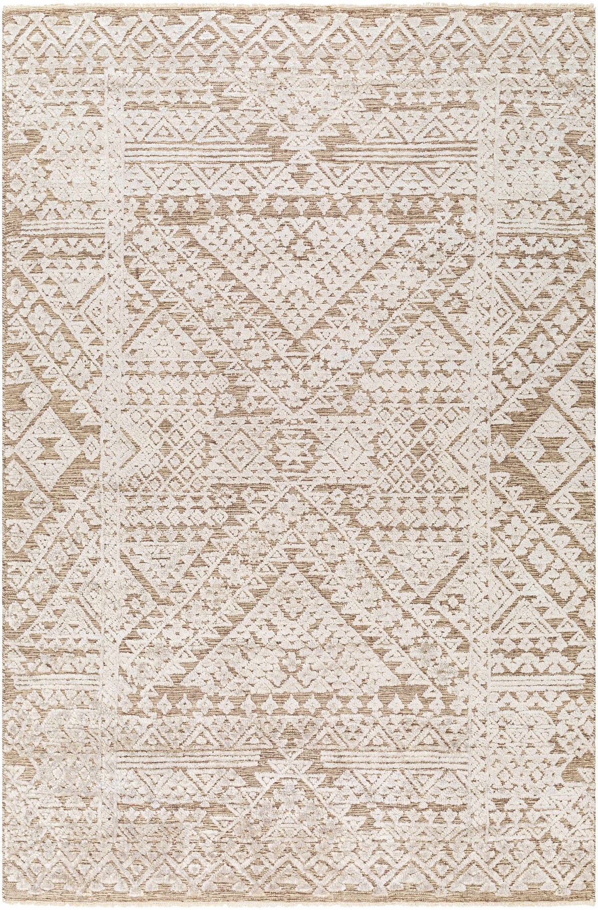 Beige Hand Knotted 65% Wool, 35% Viscose Global Rectangle Handmade rug, Indoor use only, has fringe, non-washable.