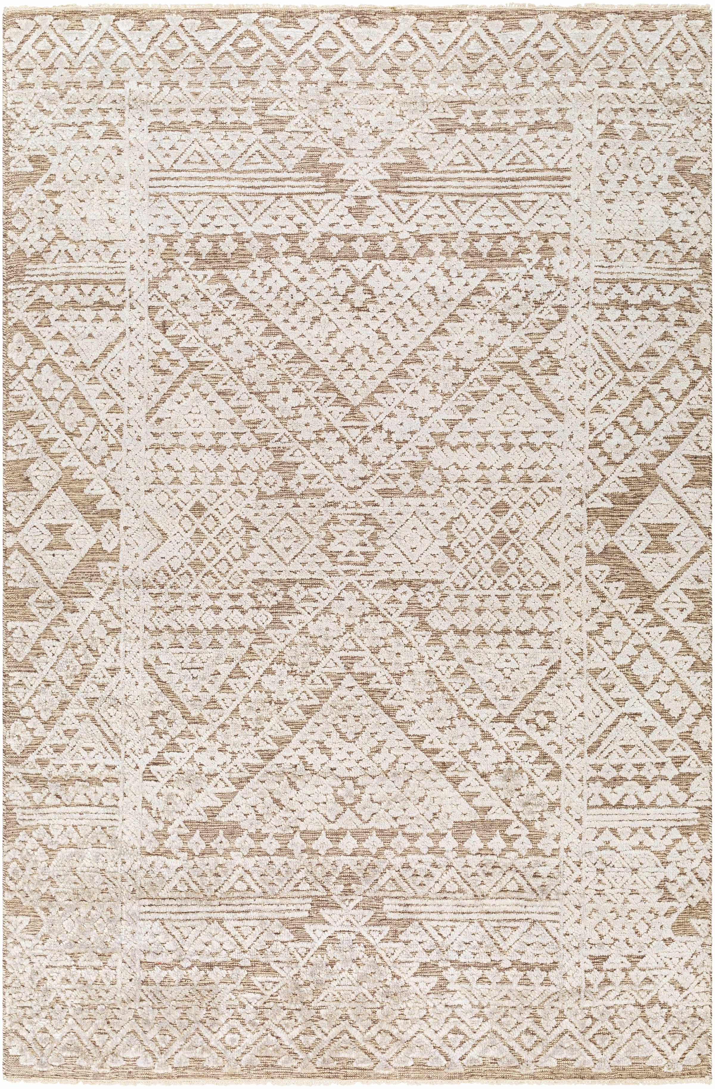 Beige Hand Knotted 65% Wool, 35% Viscose Global Rectangle Handmade rug, Indoor use only, has fringe, non-washable.