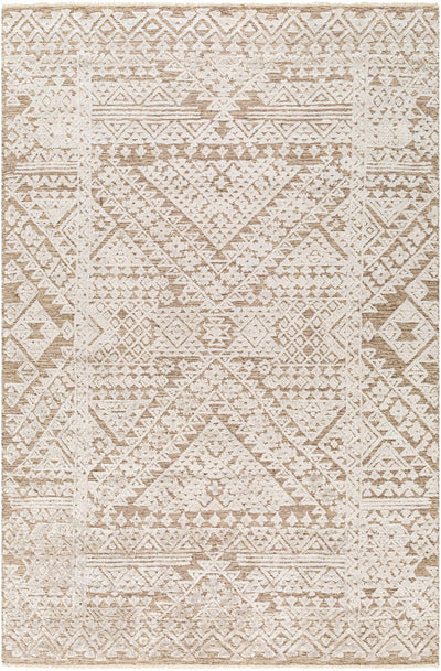 Beige Hand Knotted 65% Wool, 35% Viscose Global Rectangle Handmade rug, Indoor use only, has fringe, non-washable.