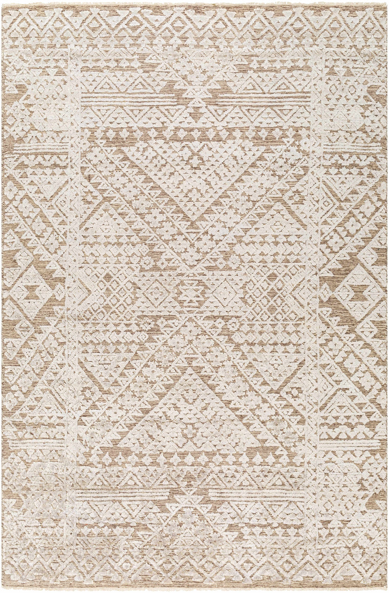 Beige Hand Knotted 65% Wool, 35% Viscose Global Rectangle Handmade rug, Indoor use only, has fringe, non-washable.
