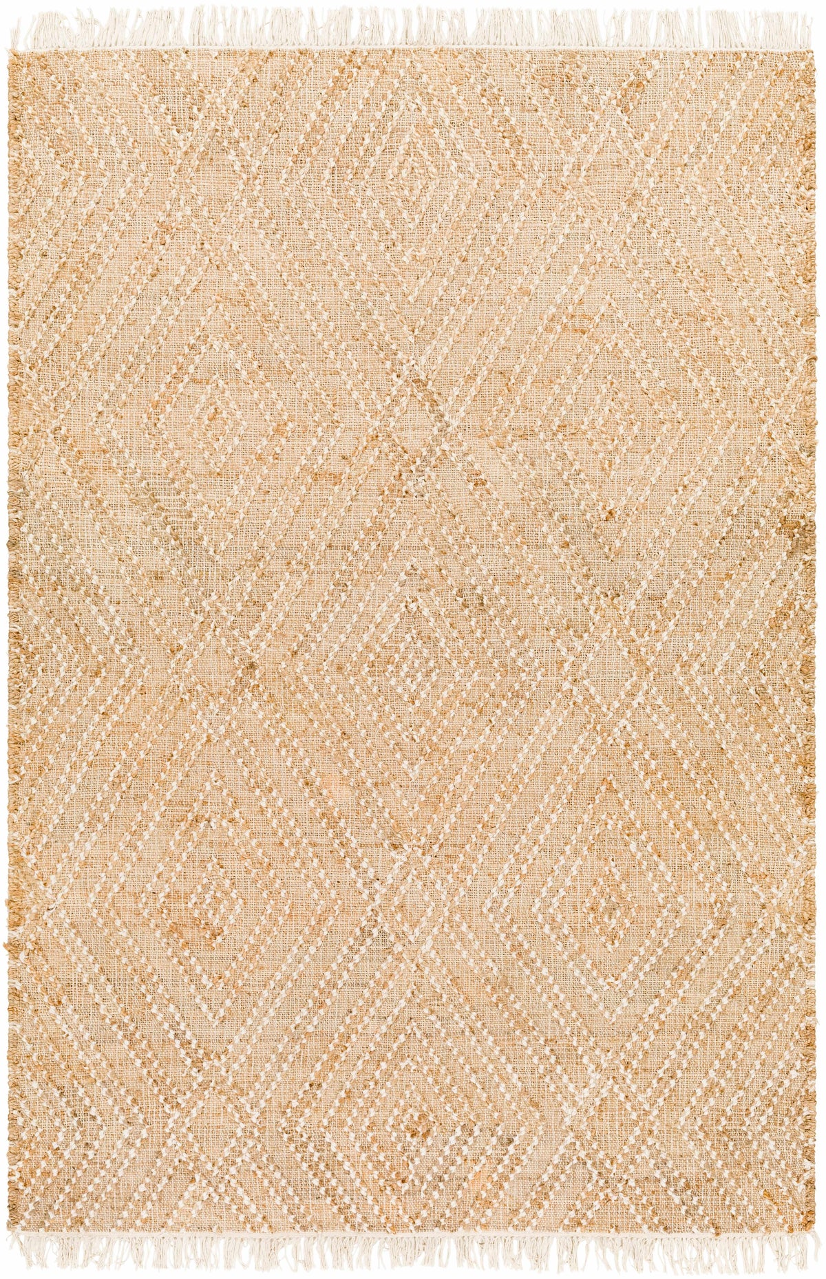 Beige Hand Woven 80% Jute, 20% Wool Cottage Rectangle Handmade rug, Indoor use only, has fringe, non-washable.