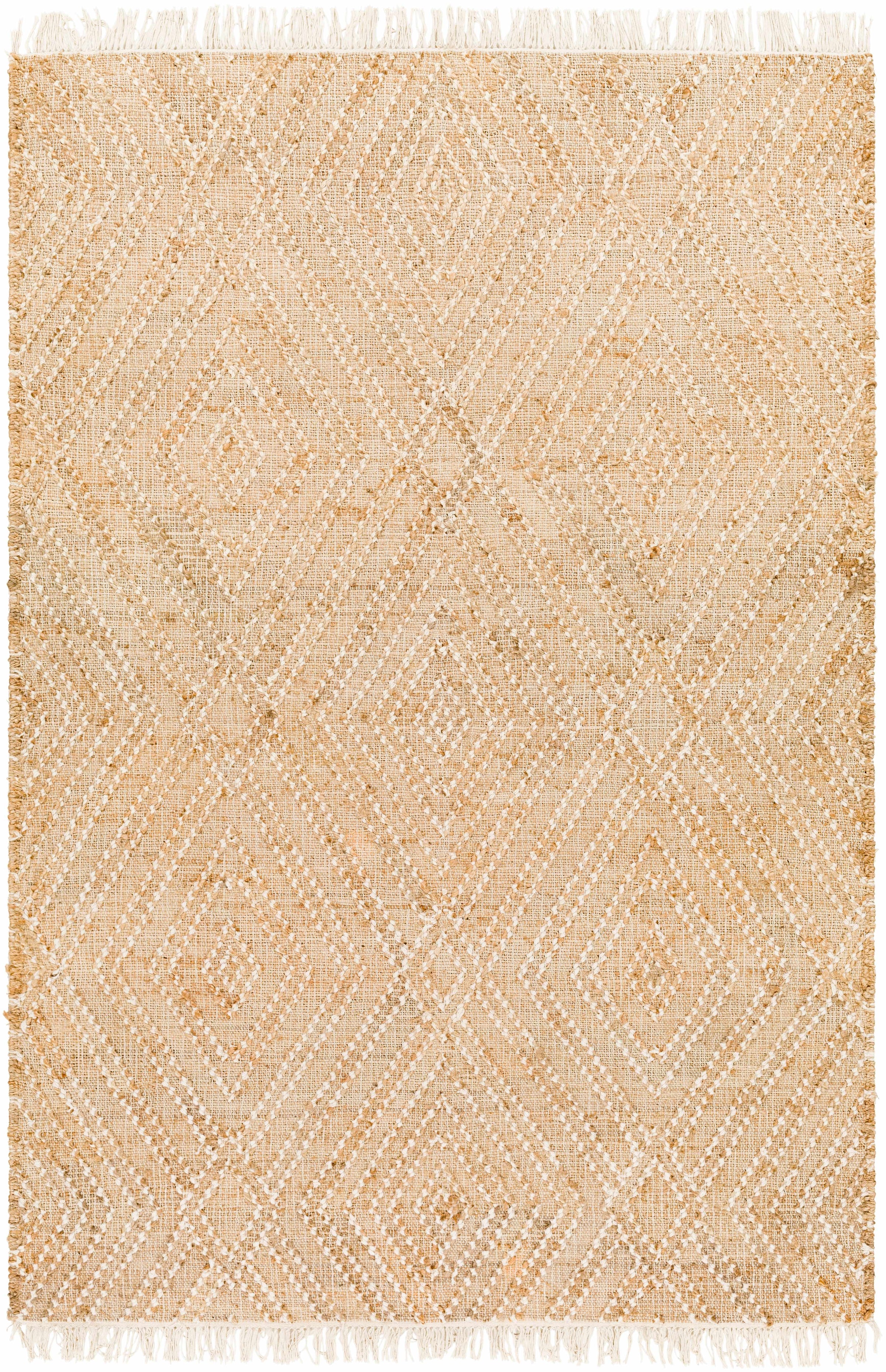 Beige Hand Woven 80% Jute, 20% Wool Cottage Rectangle Handmade rug, Indoor use only, has fringe, non-washable.