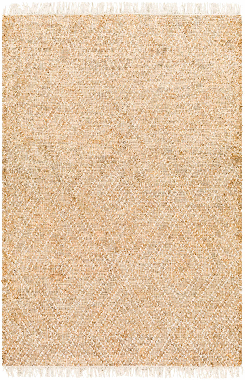 Beige Hand Woven 80% Jute, 20% Wool Cottage Rectangle Handmade rug, Indoor use only, has fringe, non-washable.