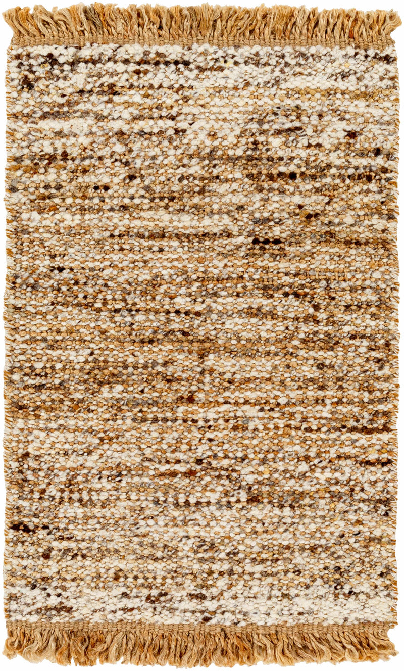 Tan Hand Woven 55% Jute, 45% Wool Cottage Rectangle Handmade rug, Indoor use only, has fringe, non-washable. runner also available