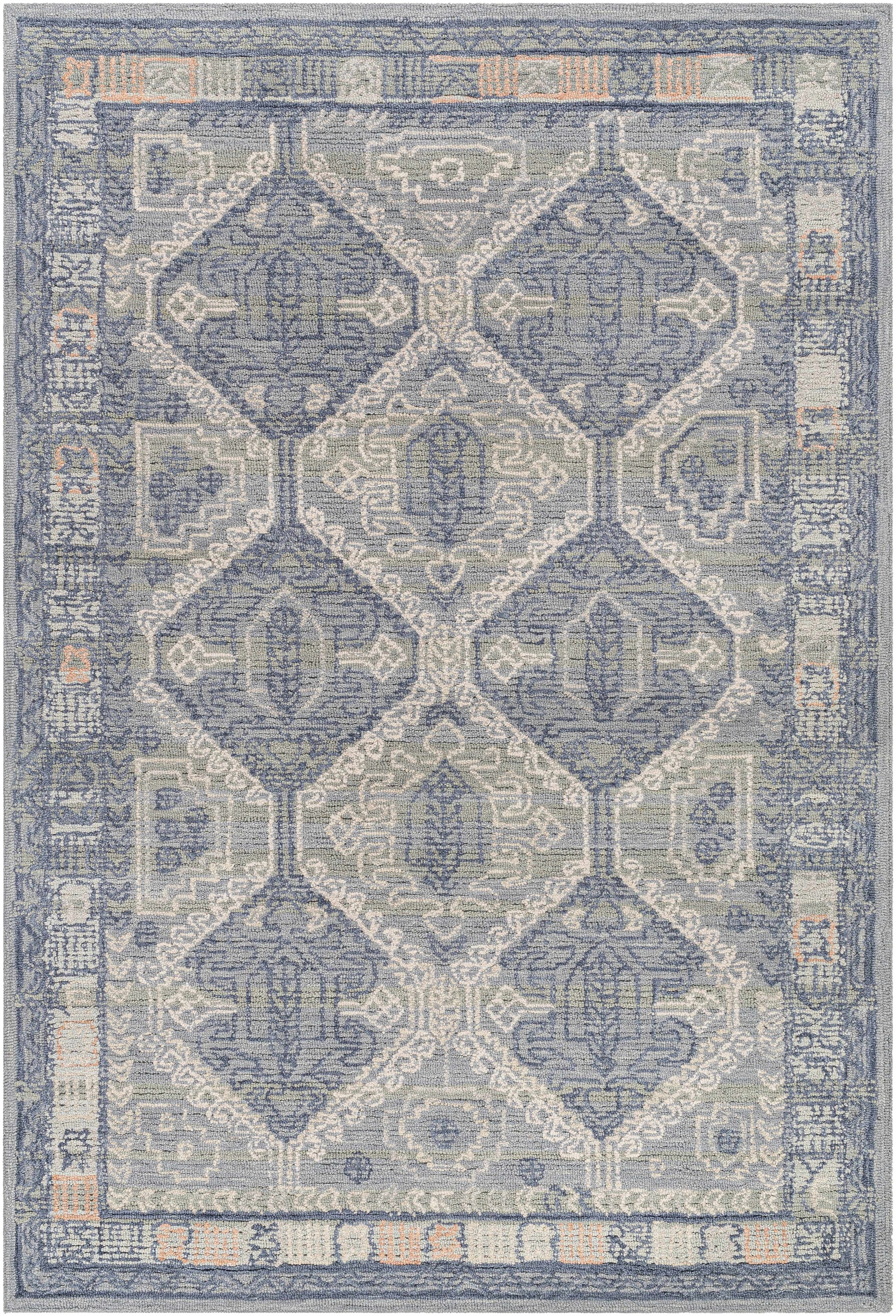 Blue Hand Tufted 80% Wool, 20% Cotton Traditional Rectangle Handmade rug, Indoor use only, no fringe, non-washable.