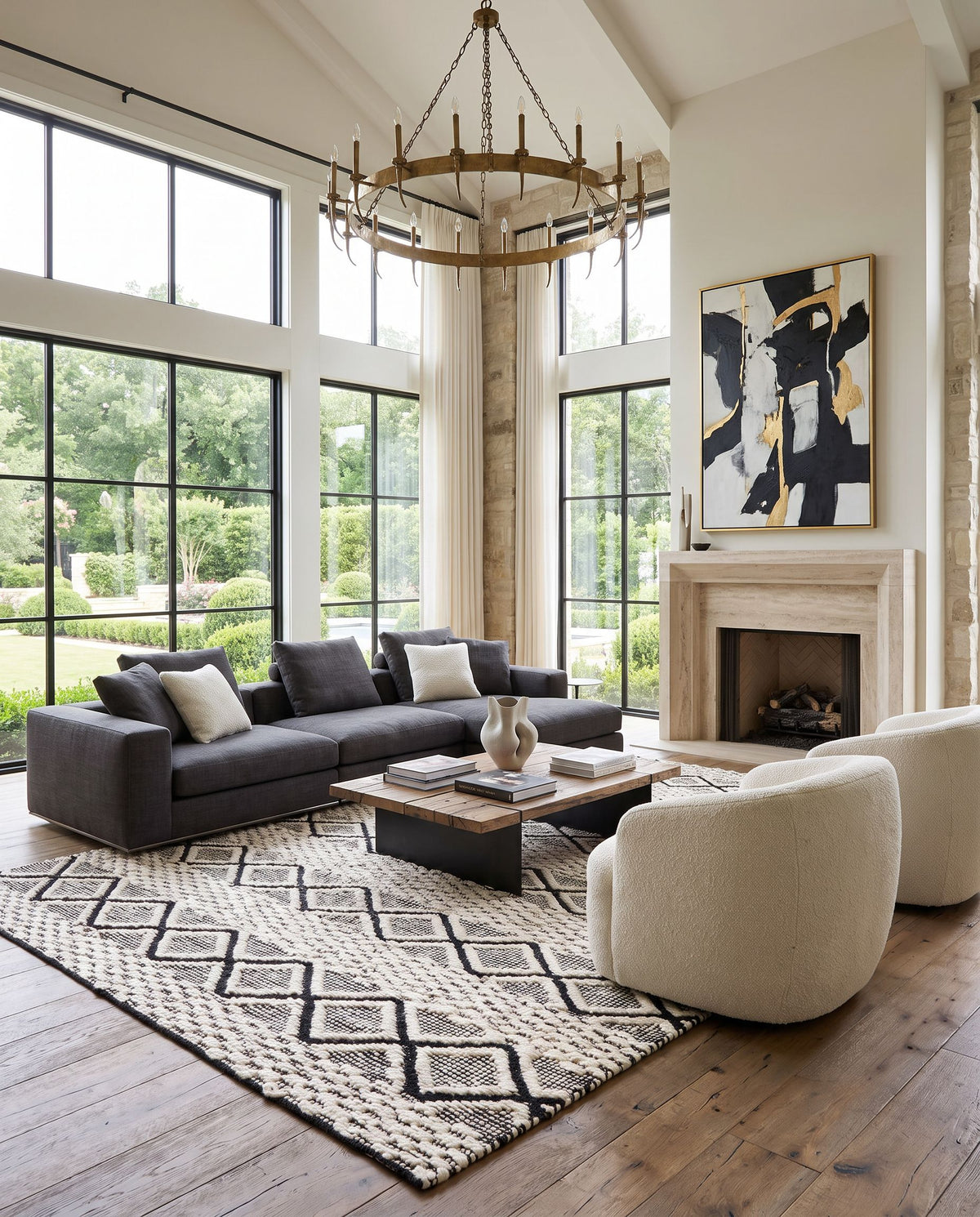 Santa Barbara SBB-2301 Hand Woven Rug as the centerpiece of a bright luxury living room — a hand woven global area rug in cream and black tones