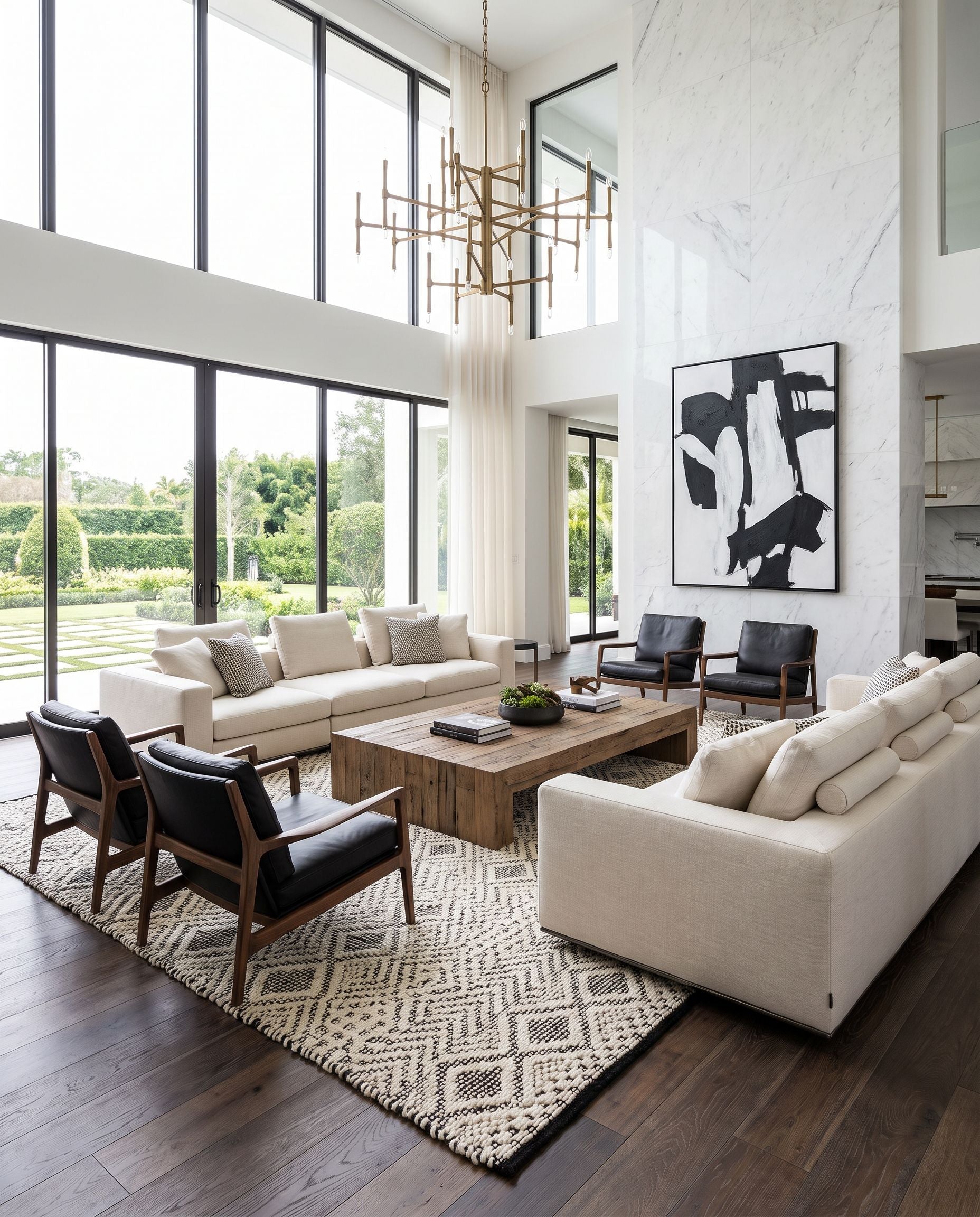 Santa Barbara SBB-2303 Hand Woven Rug as the centerpiece of a bright luxury living room — a hand woven global area rug in cream and black tones