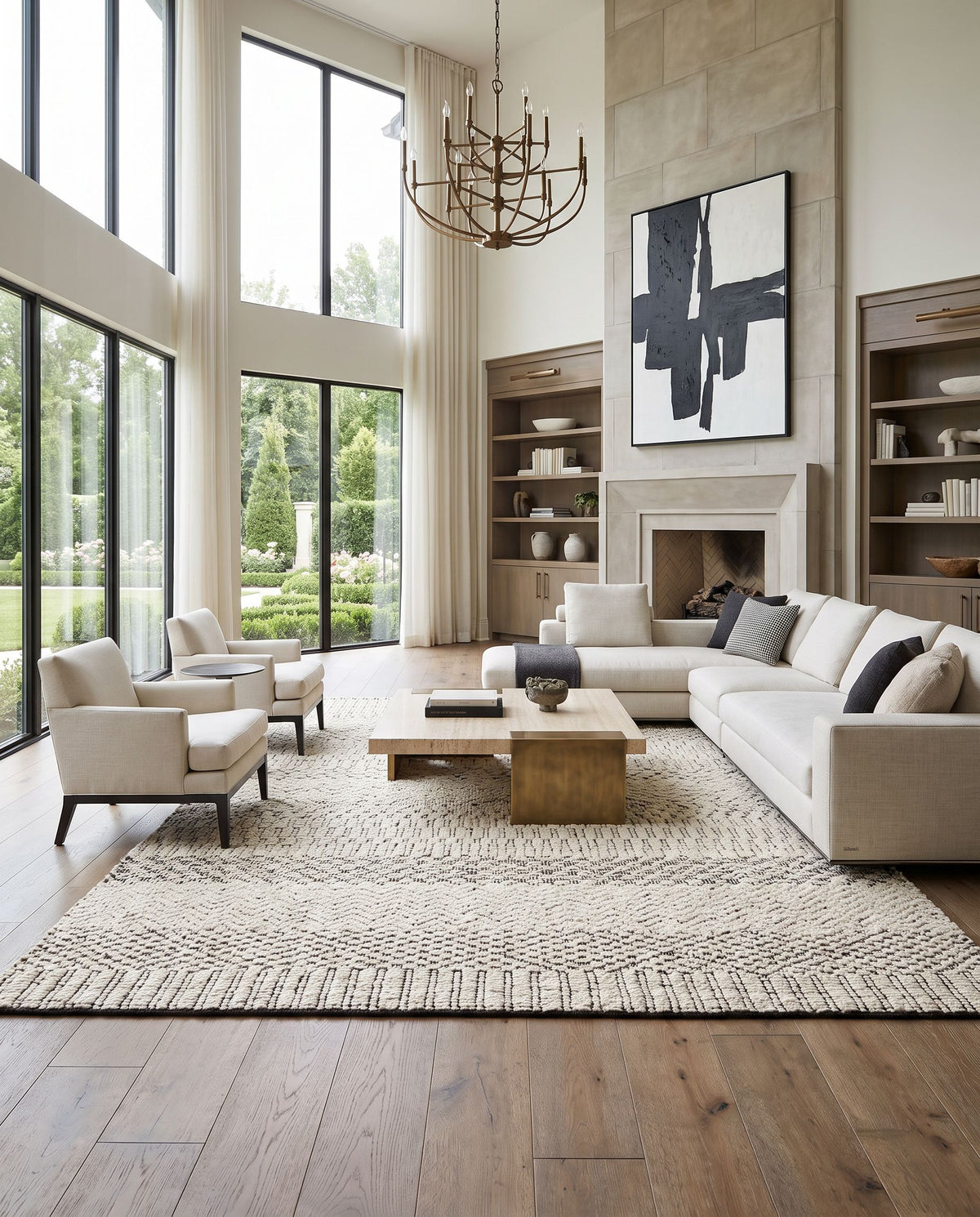 Santa Barbara SBB-2304 Hand Woven Rug as the centerpiece of a bright luxury living room — a hand woven global area rug in cream and black tones