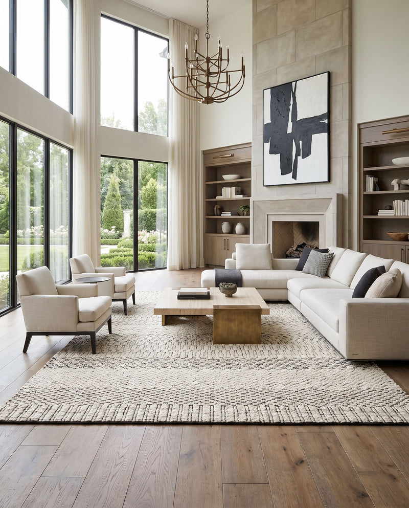 Santa Barbara SBB-2304 Hand Woven Rug as the centerpiece of a bright luxury living room — a hand woven global area rug in cream and black tones