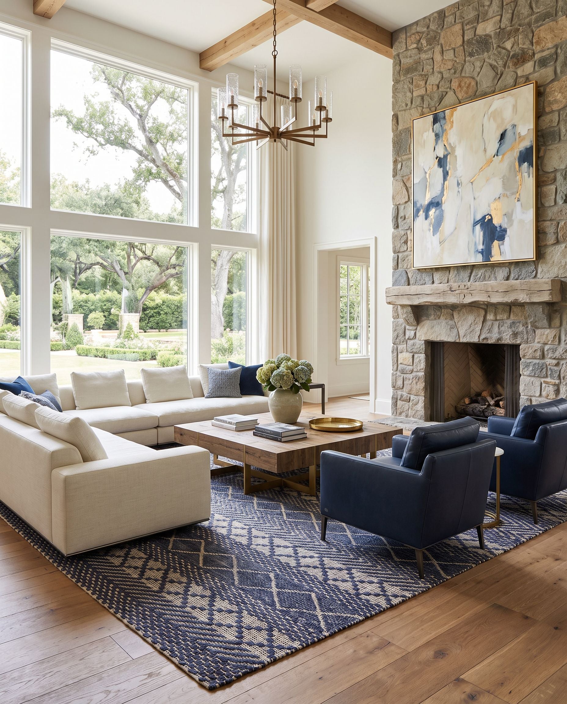 Santa Barbara SBB-2307 Hand Woven Rug as the centerpiece of a bright luxury living room — a hand woven global area rug in navy and light beige tones