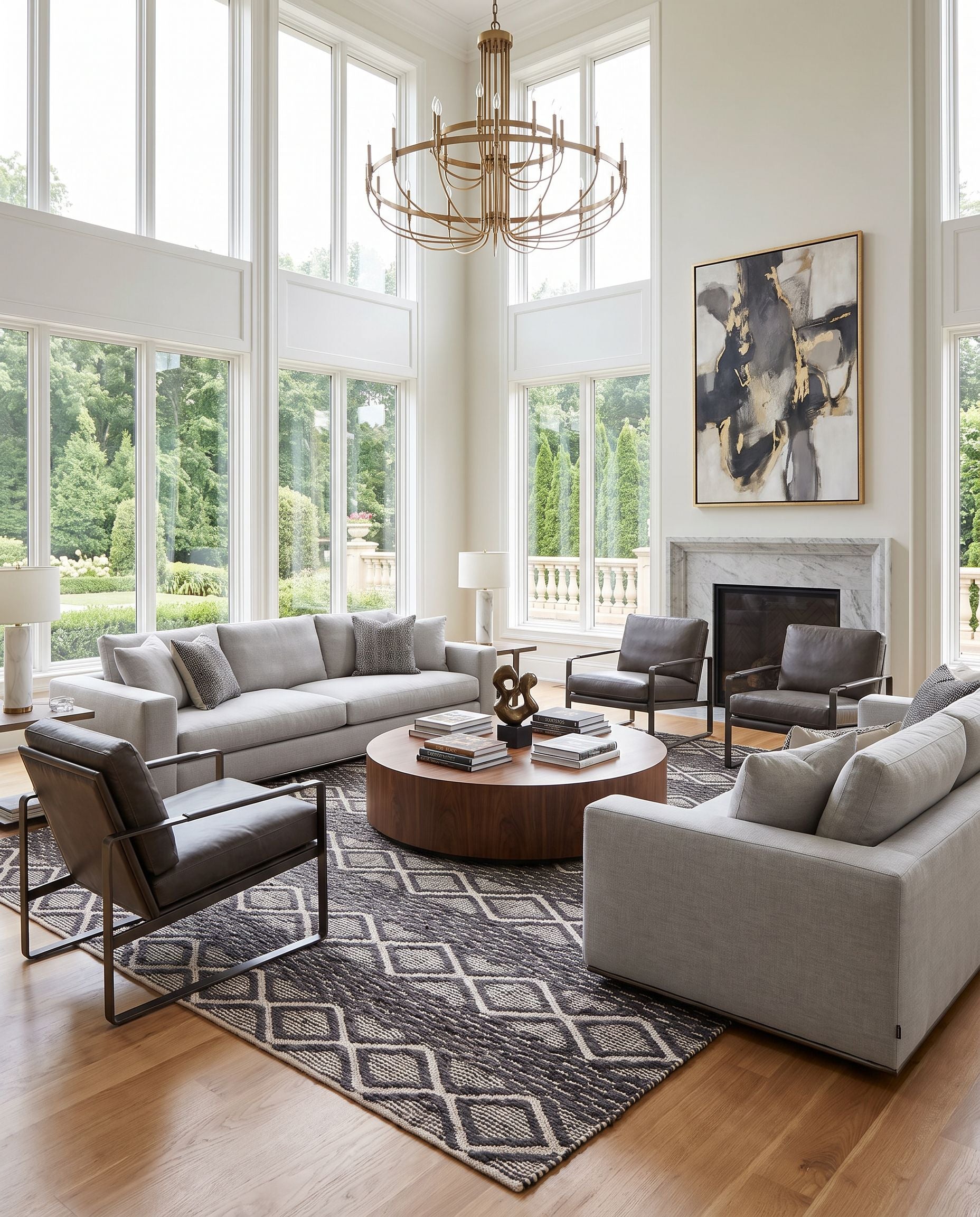 Santa Barbara SBB-2308 Hand Woven Rug as the centerpiece of a bright luxury living room — a hand woven global area rug in black and light beige tones
