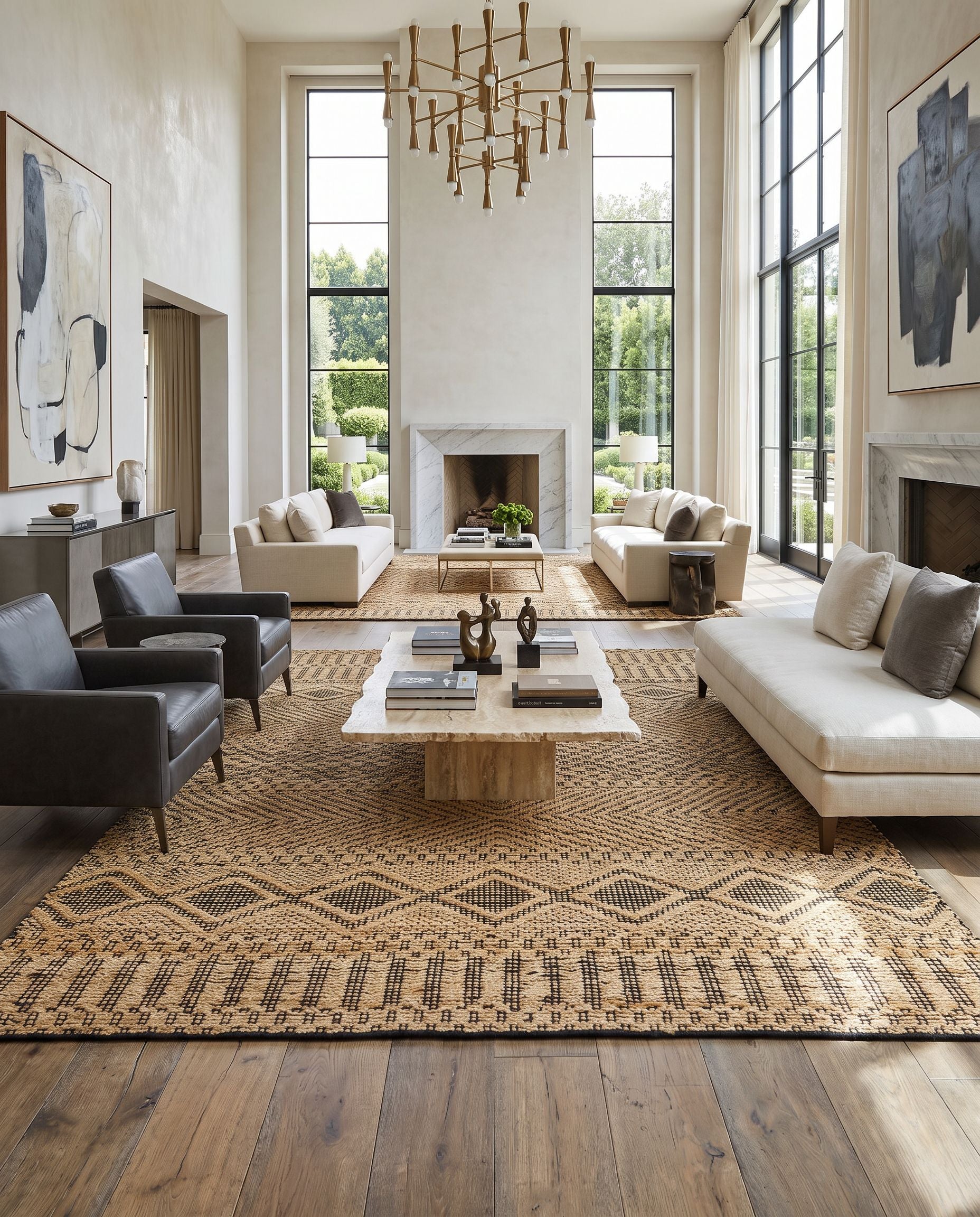 Santa Barbara SBB-2311 Hand Woven Rug as the centerpiece of a bright luxury living room — a hand woven global area rug in tan and black tones