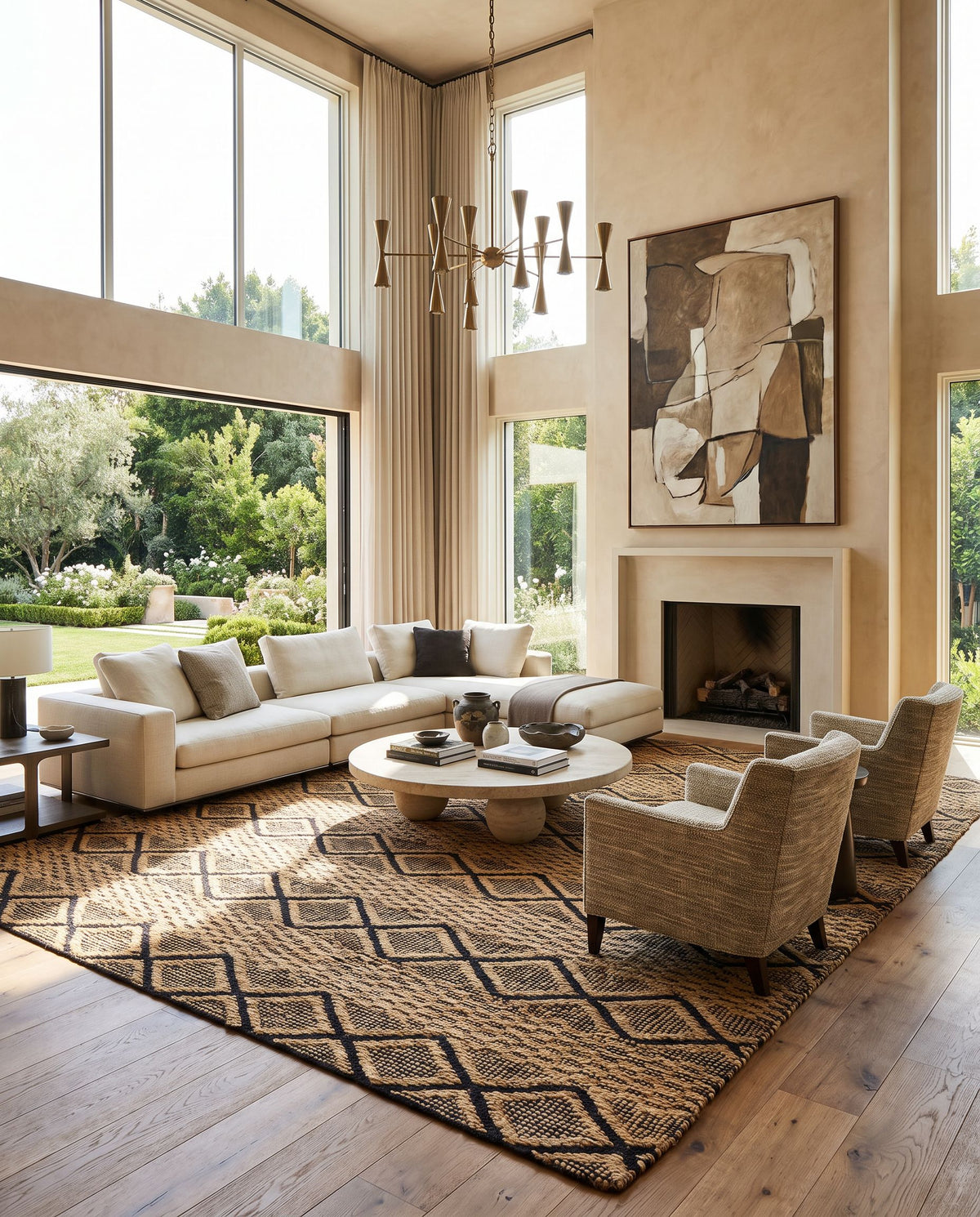 Santa Barbara SBB-2313 Hand Woven Rug as the centerpiece of a bright luxury living room — a hand woven global area rug in tan and black tones