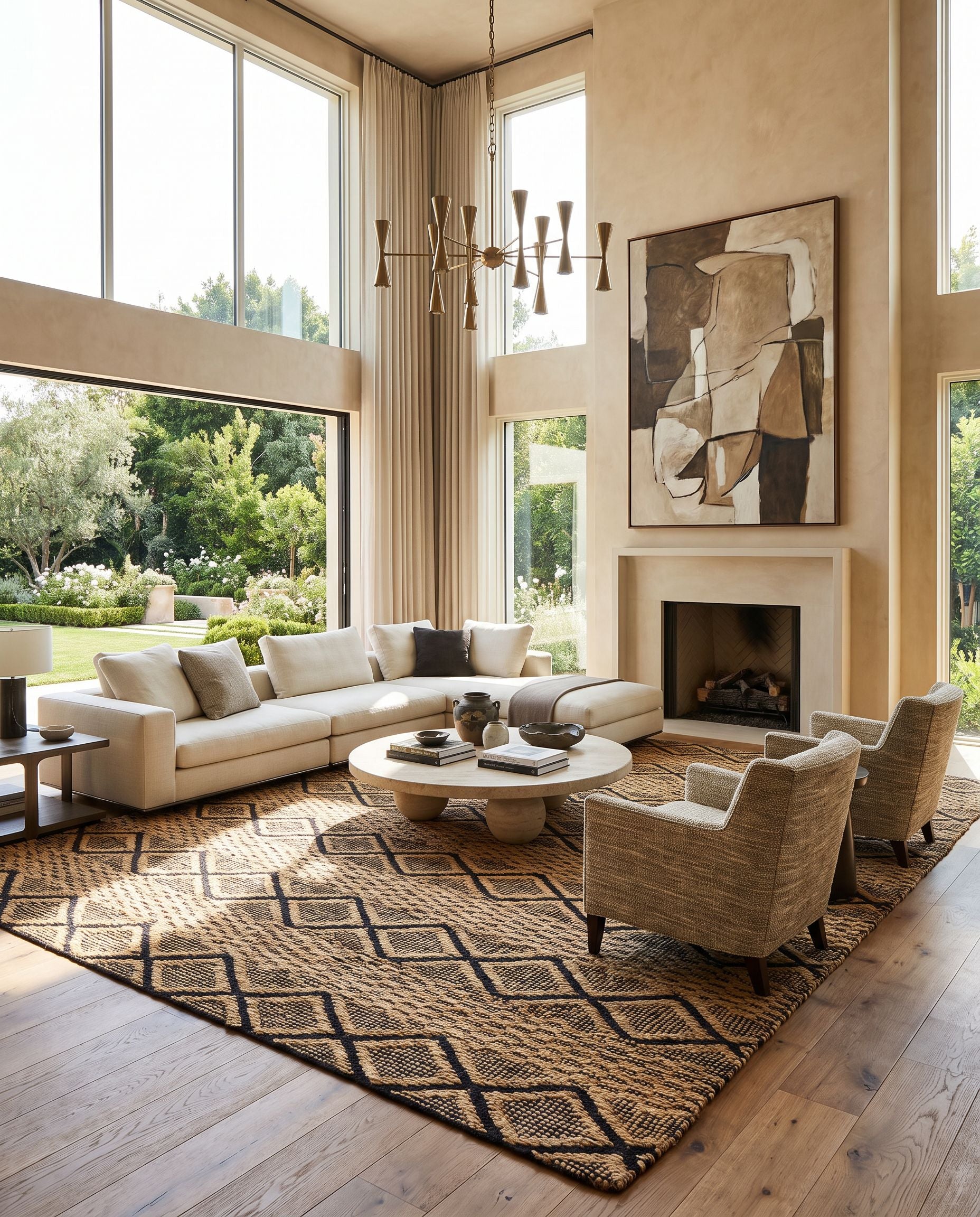 Santa Barbara SBB-2313 Hand Woven Rug as the centerpiece of a bright luxury living room — a hand woven global area rug in tan and black tones