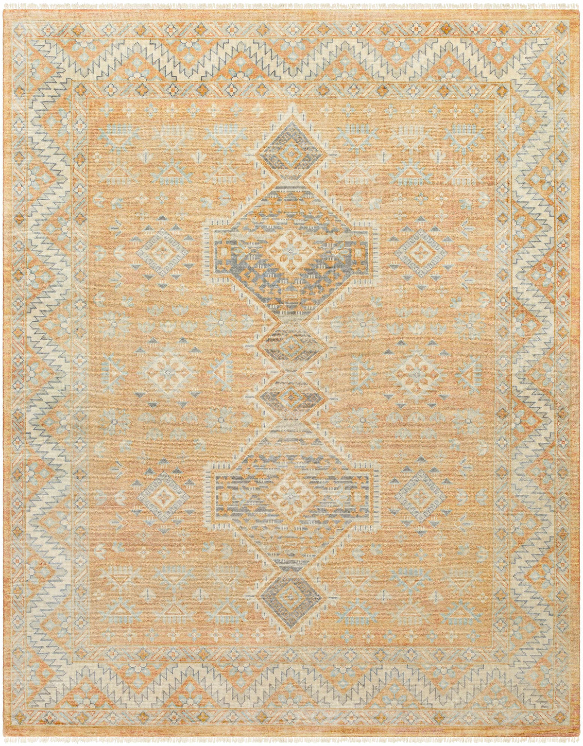 Peach Hand Knotted 70% Wool, 30% Viscose Traditional Rectangle Handmade rug, Indoor use only, has fringe, non-washable. runner also available