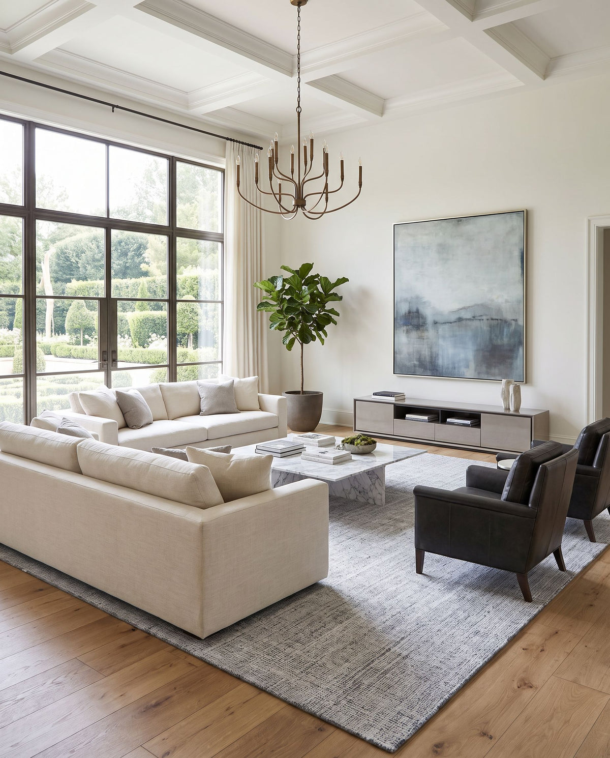 Sochi SCA-2301 Hand Loomed Rug as the centerpiece of a bright luxury living room — a hand loomed cottage area rug in cream and charcoal tones