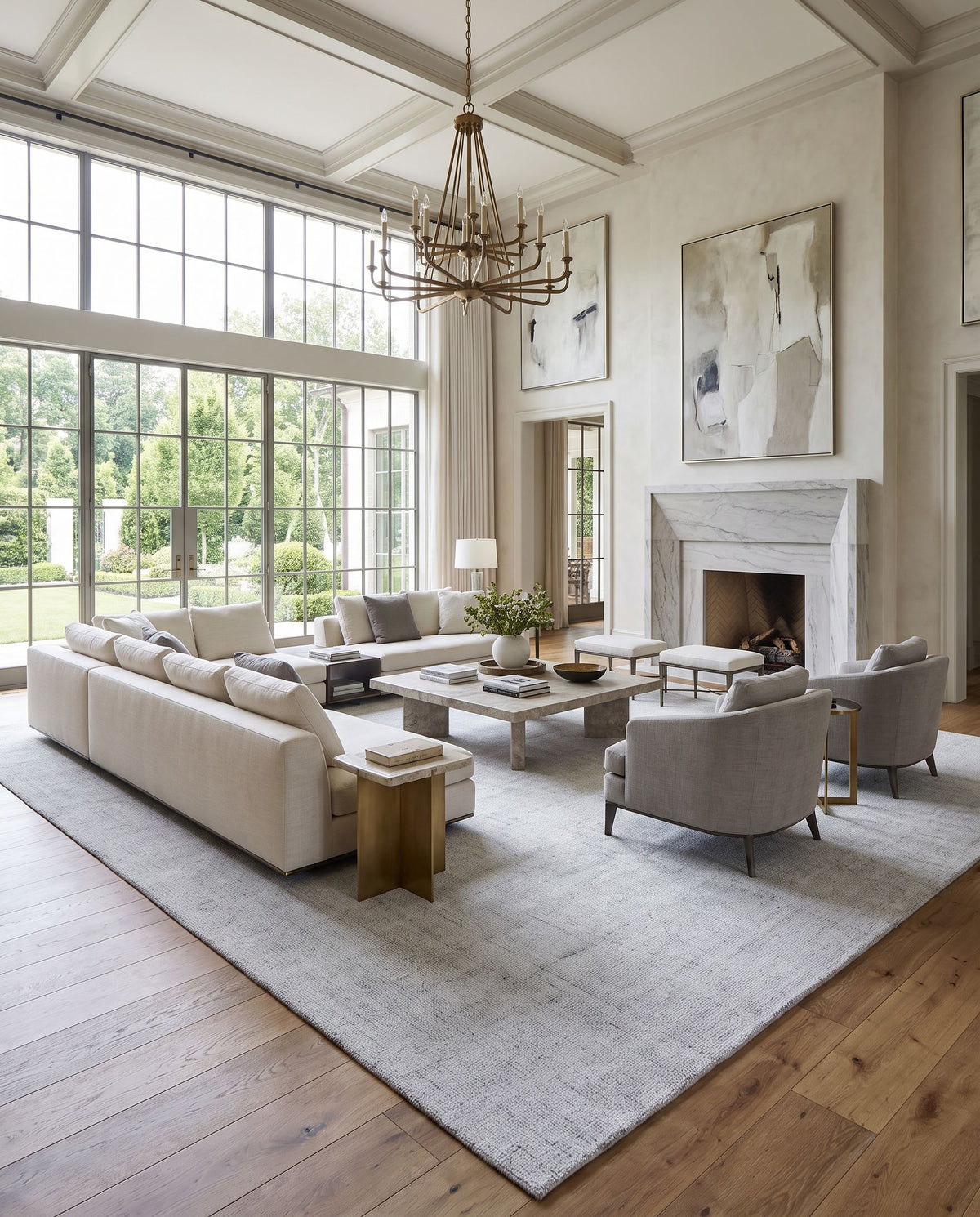 Sochi SCA-2302 Hand Loomed Rug as the centerpiece of a bright luxury living room — a hand loomed cottage area rug in cream and tan tones